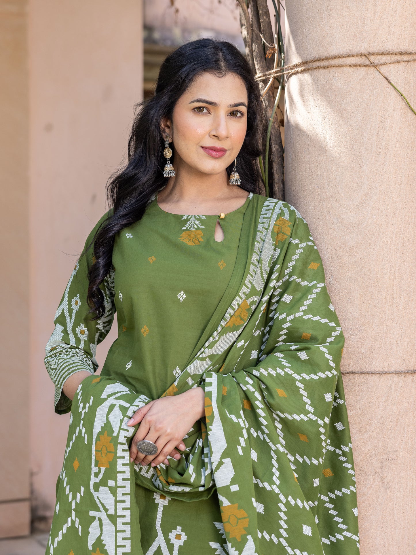Soft Cotton Geometric Straight Green Kurta