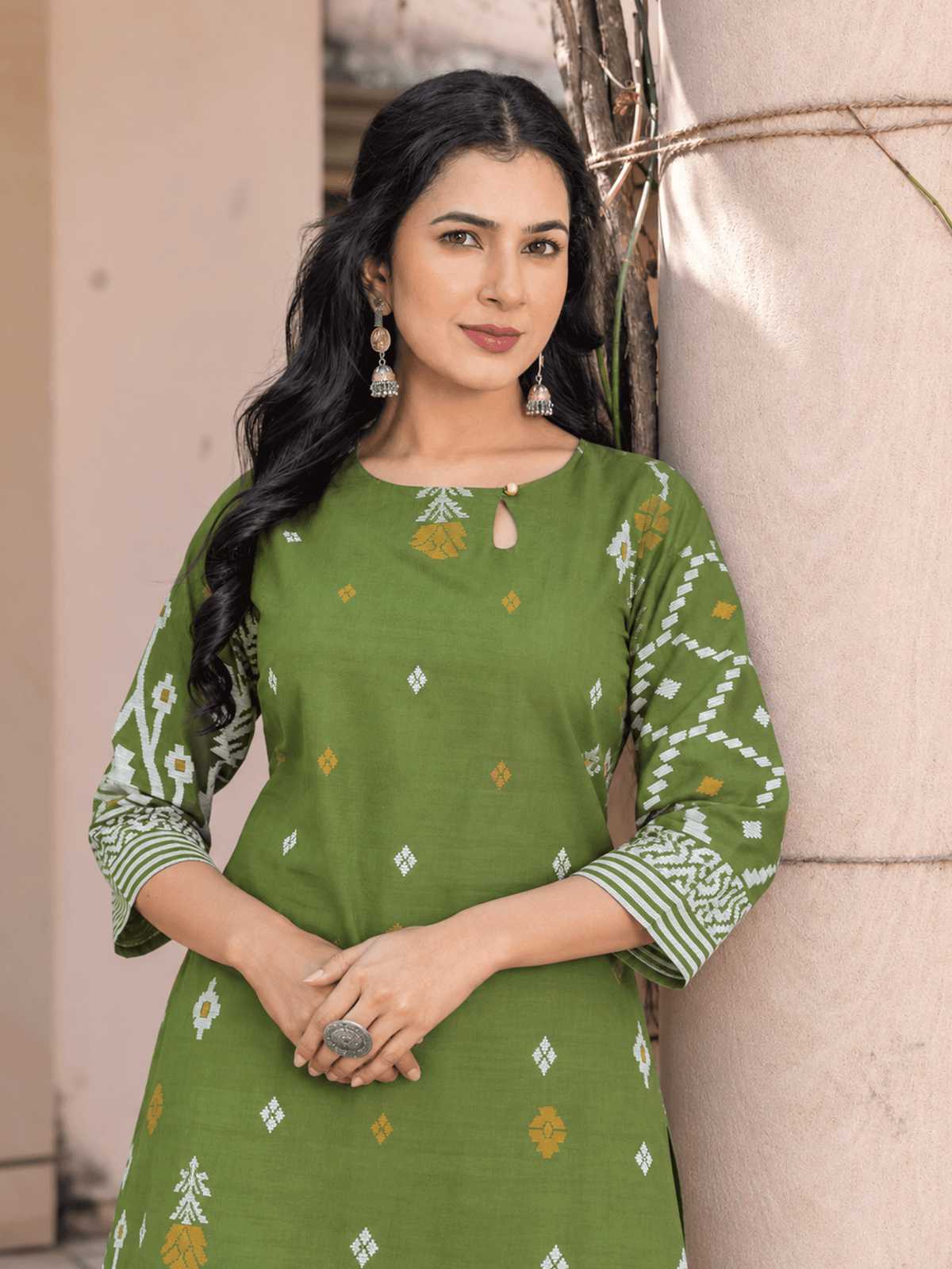 Soft Cotton Geometric Straight Green Kurta