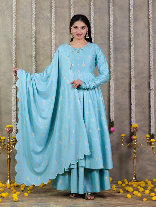 Embroidered Muslin Gold foil Green Dupatta