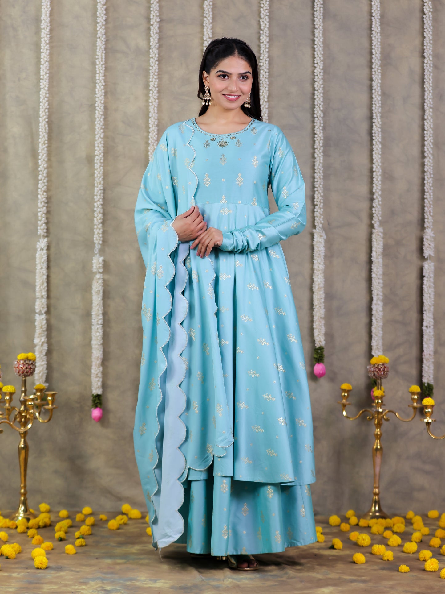 Embroidered Muslin Gold foil Green Dupatta