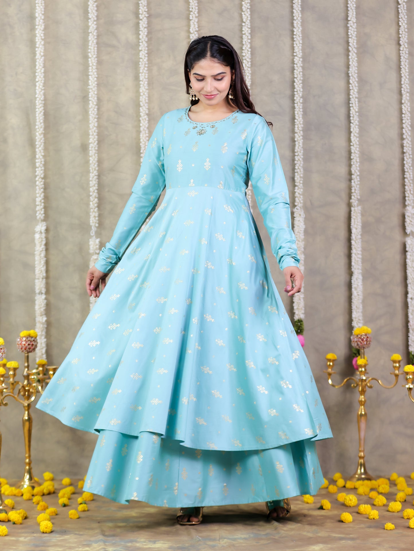 Embroidered Roman silk Gold foil Anarkali Green Kurta