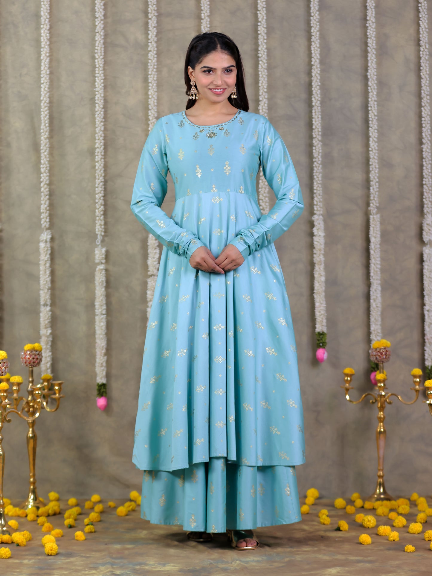 Embroidered Roman silk Gold foil Anarkali Green Kurta