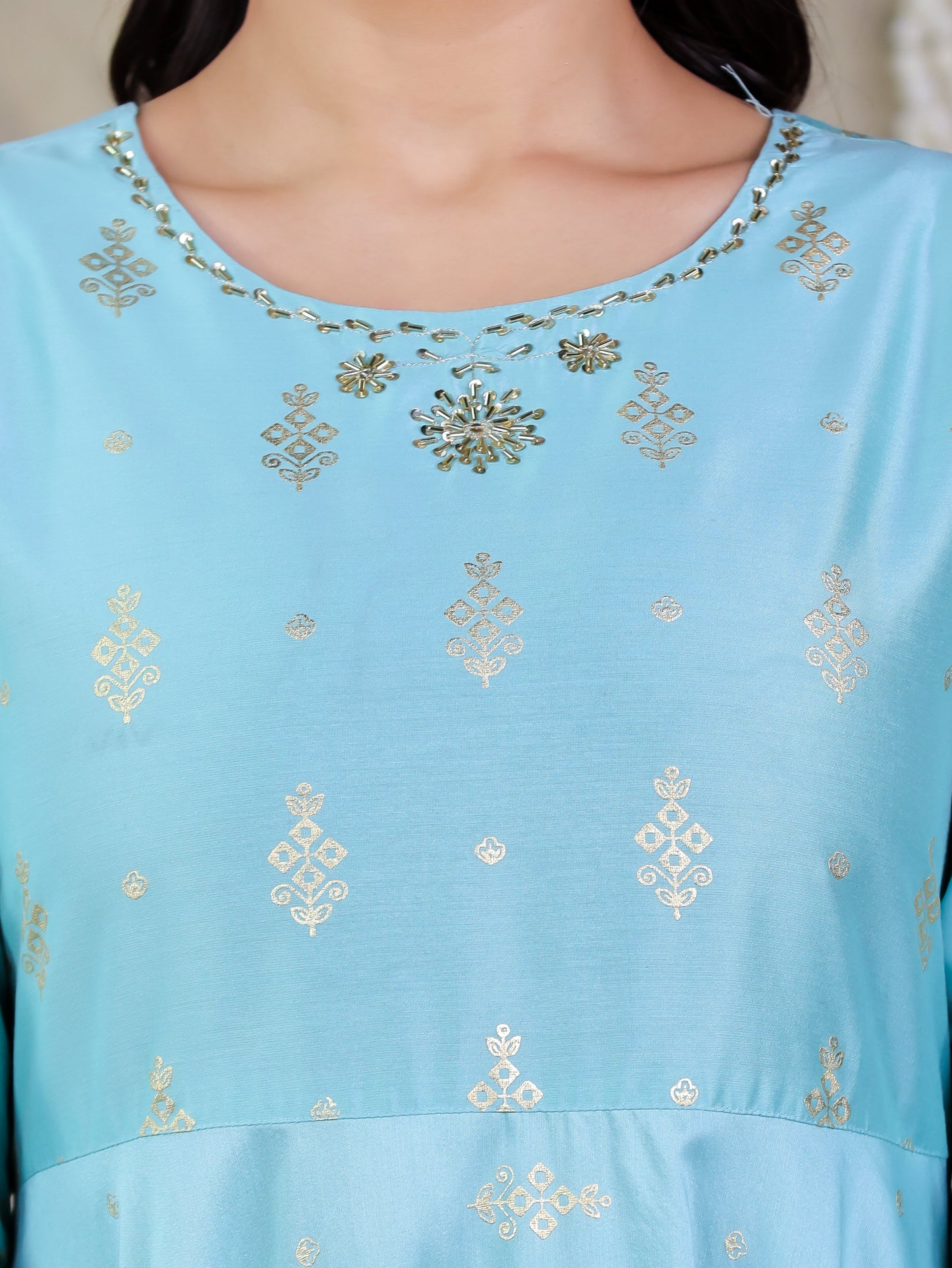 Embroidered Roman silk Gold foil Anarkali Green Kurta