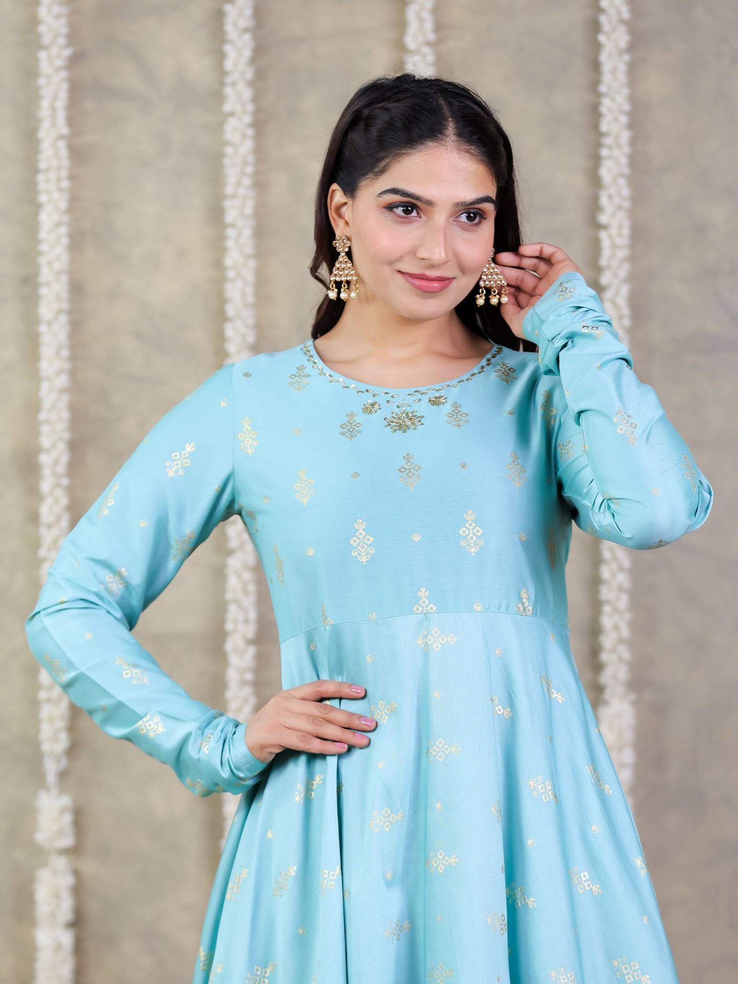 Embroidered Roman silk Gold foil Anarkali Green Kurta