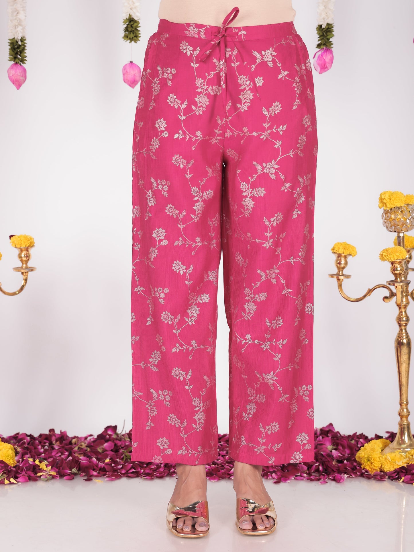 Blended Silk Floral Royal Pink Straight Trousers
