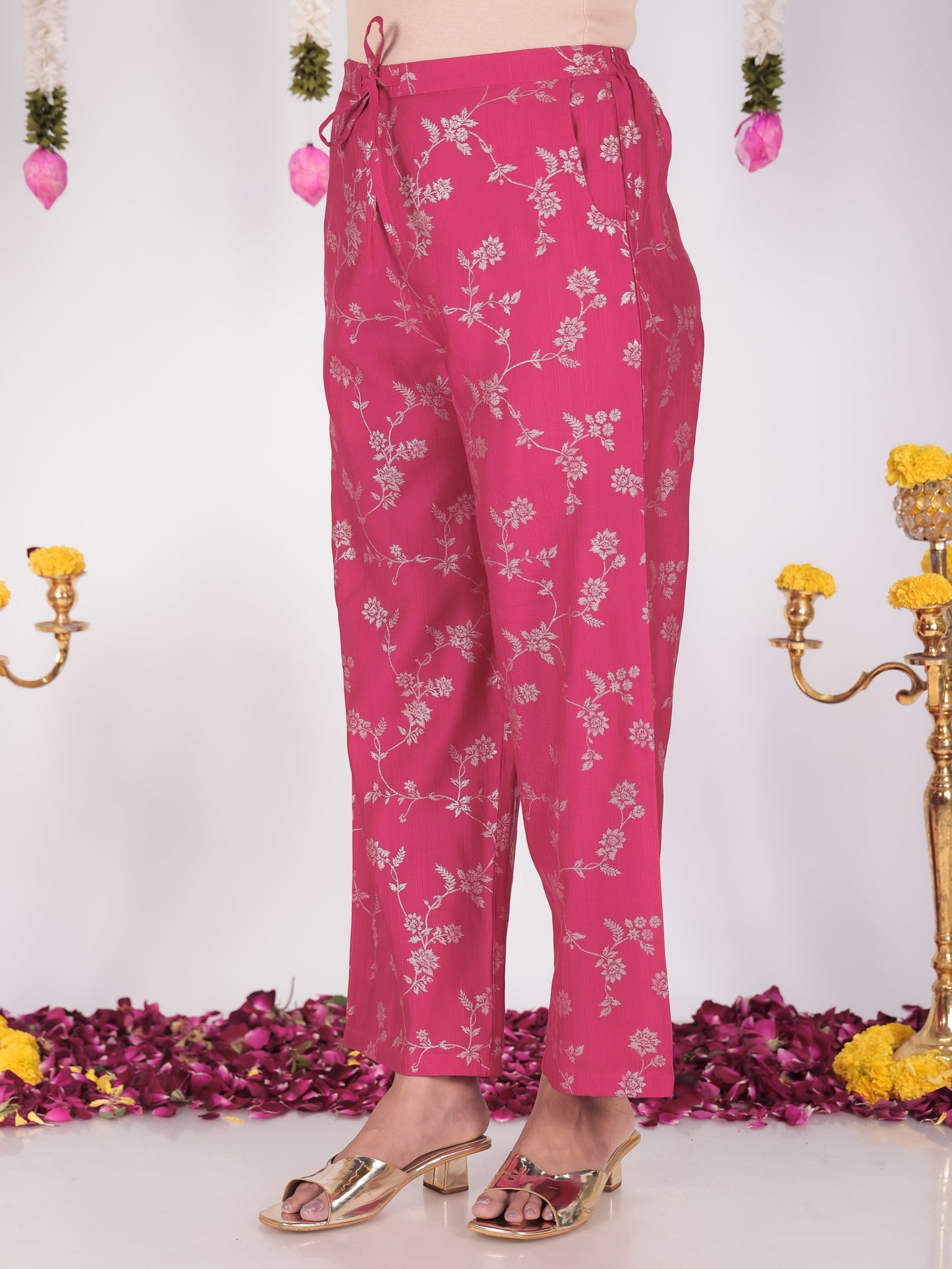 Blended Silk Floral Royal Pink Straight Trousers