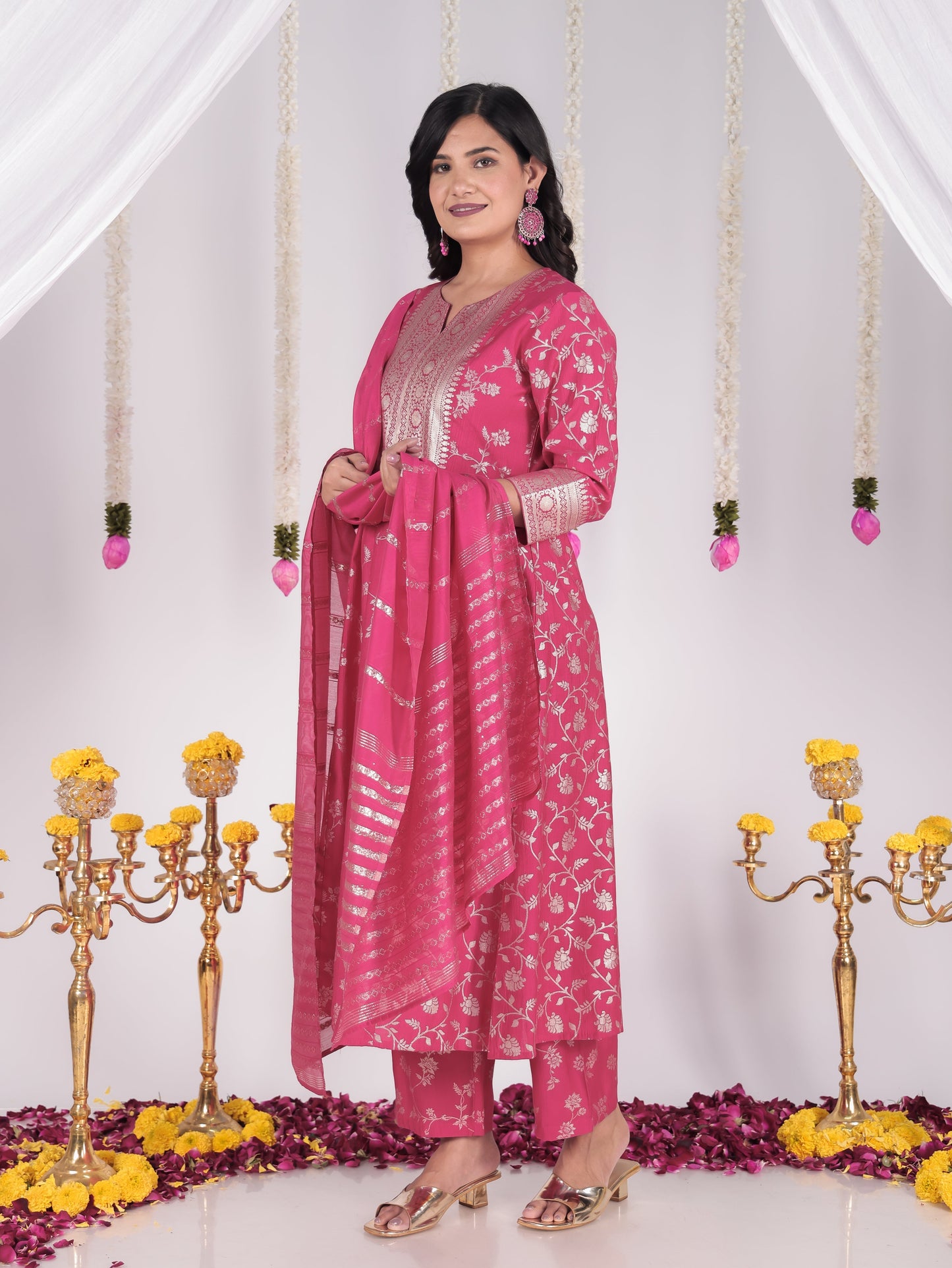 Blended Silk Floral Gathered Royal Pink Kurta