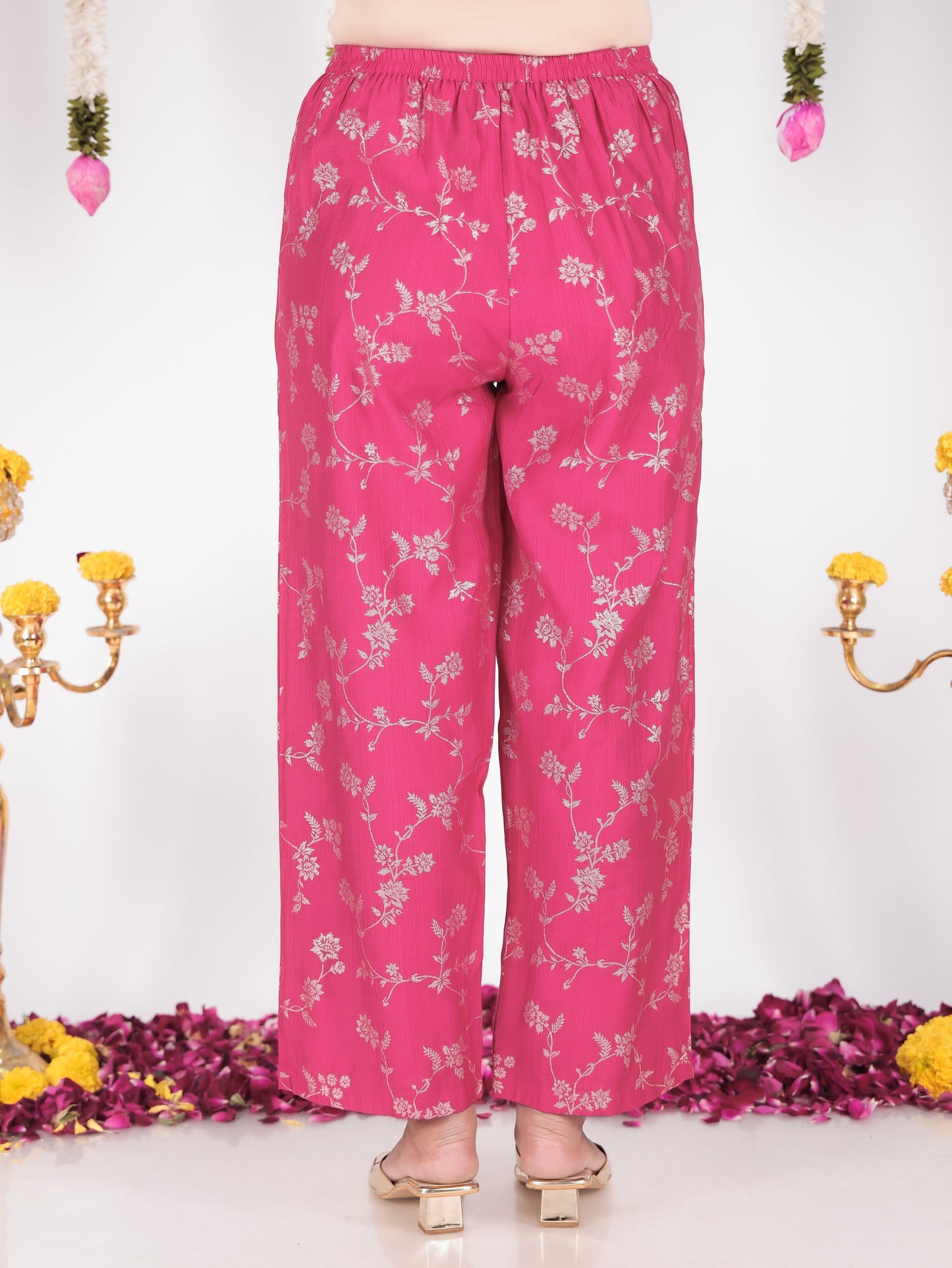 Blended Silk Floral Gathered Royal Pink Kurta