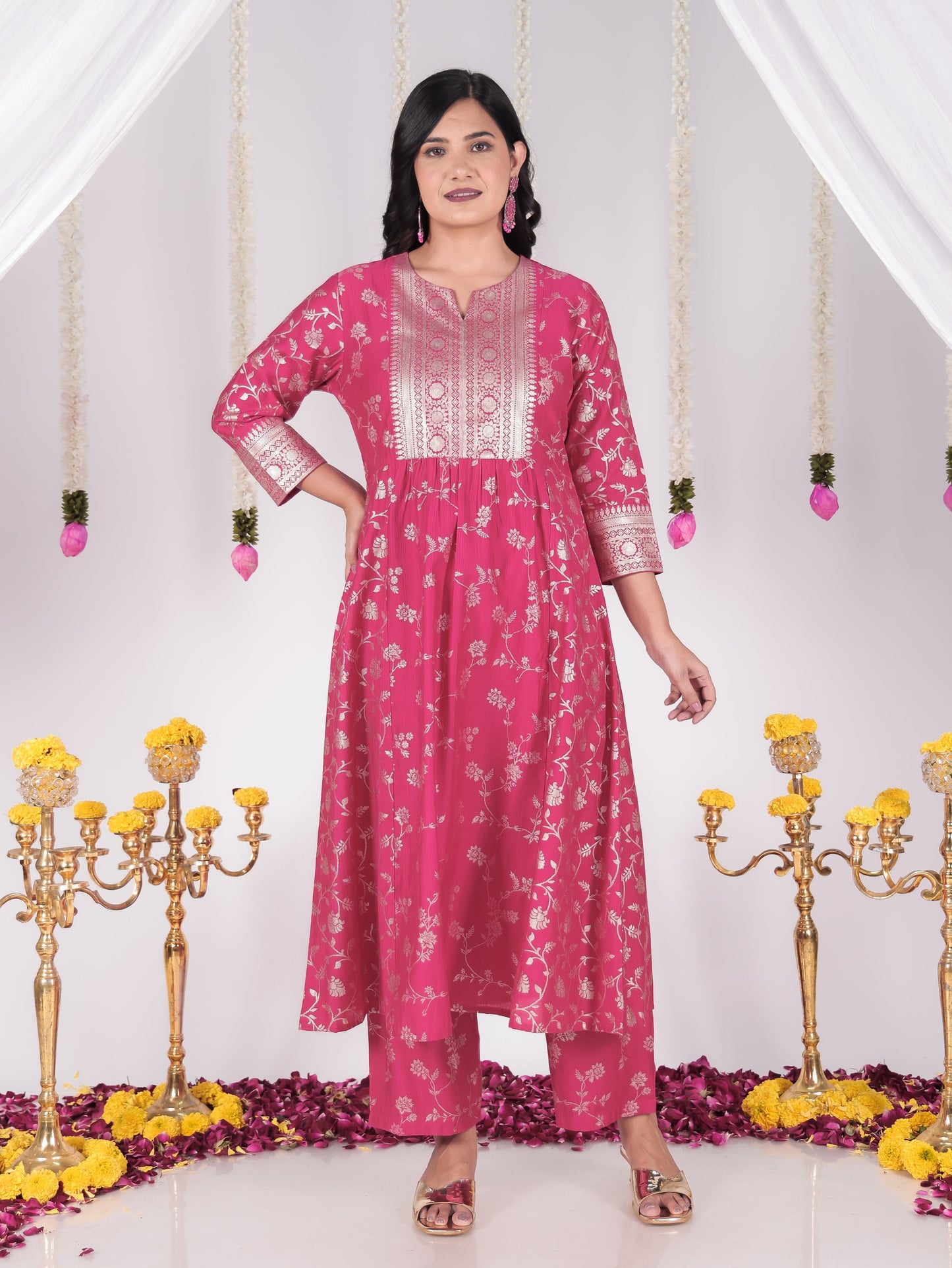 Blended Silk Floral Gathered Royal Pink Kurta