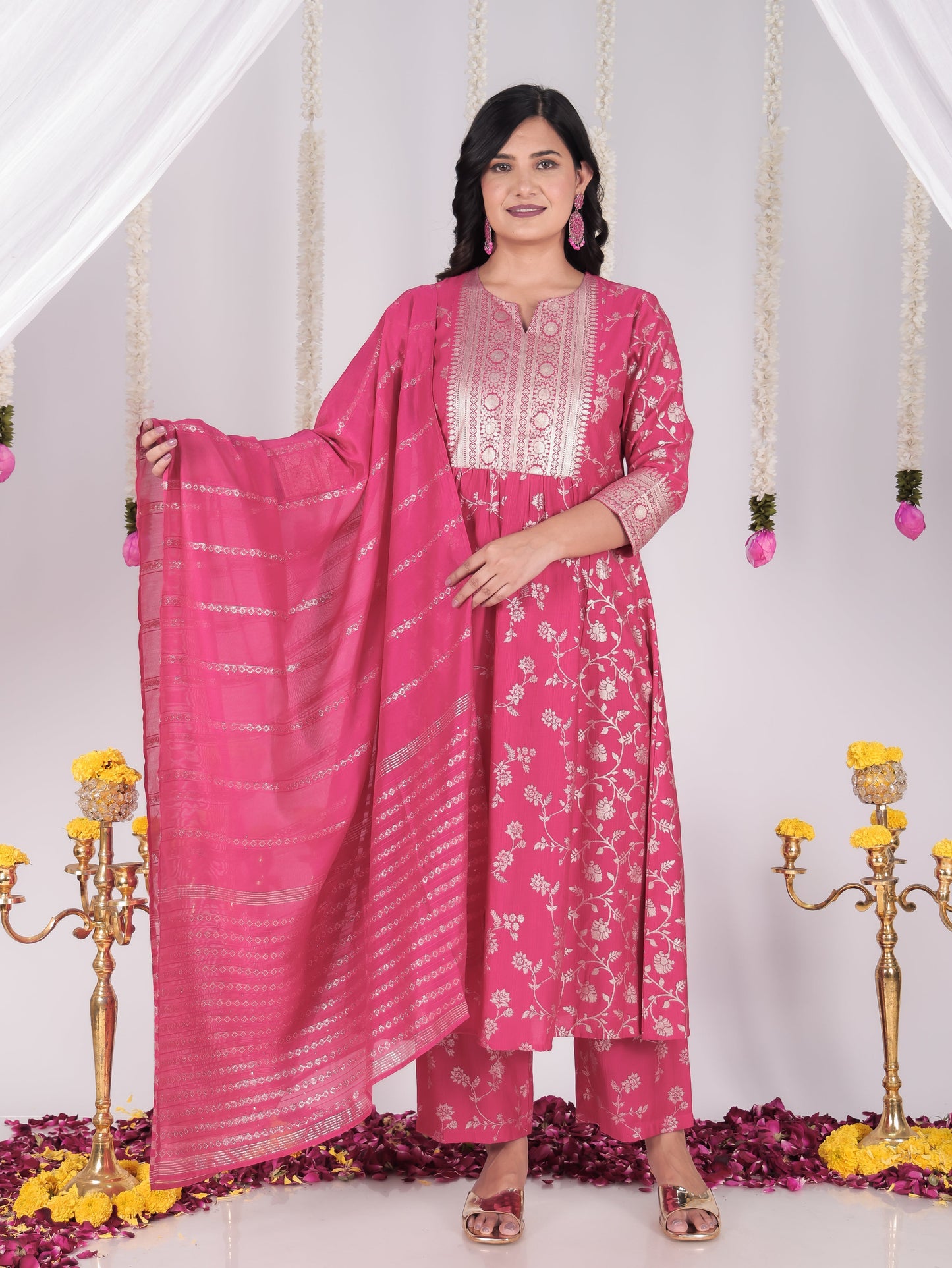 Blended Silk Floral Gathered Royal Pink Kurta