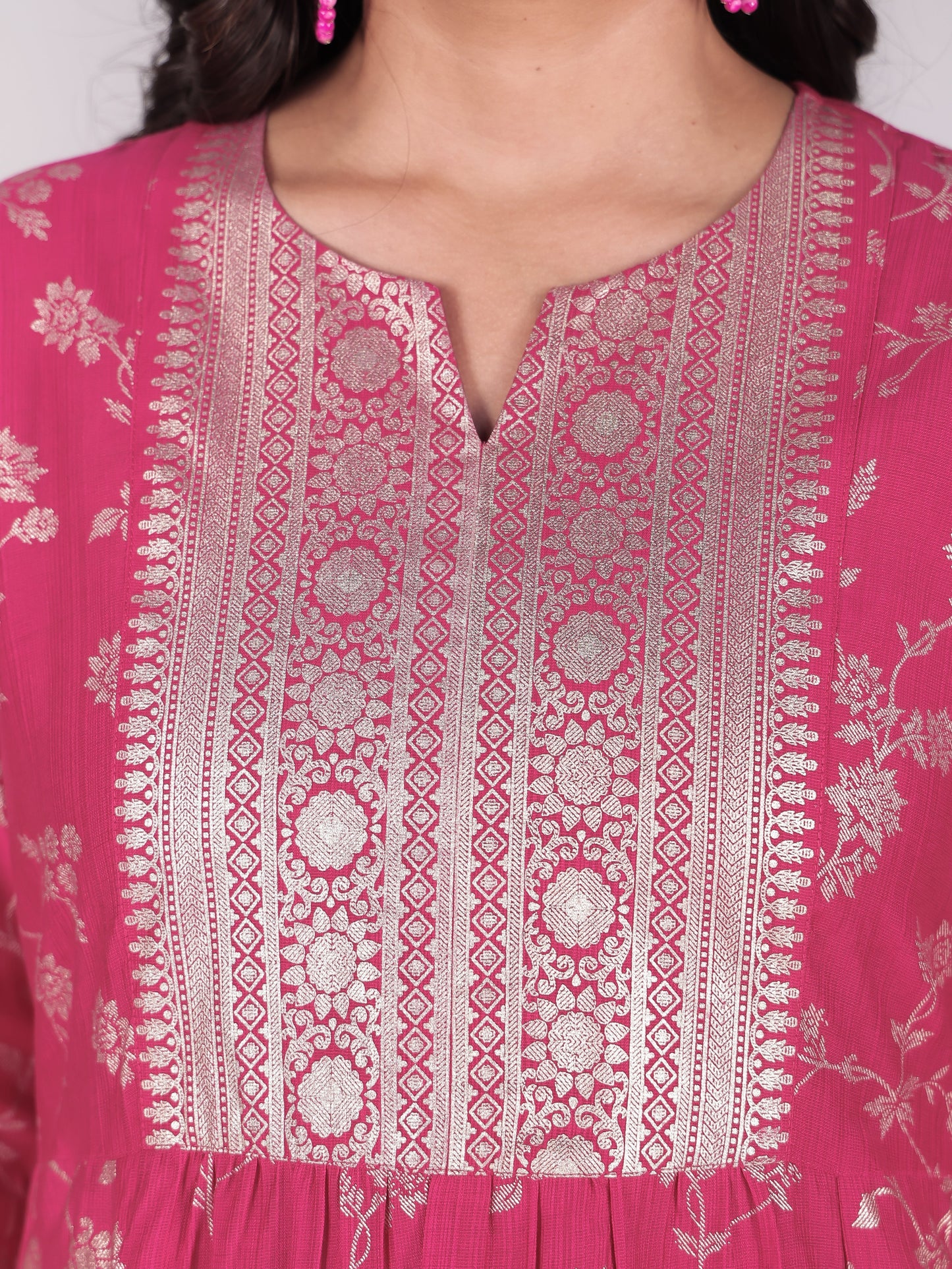Blended Silk Floral Gathered Royal Pink Kurta
