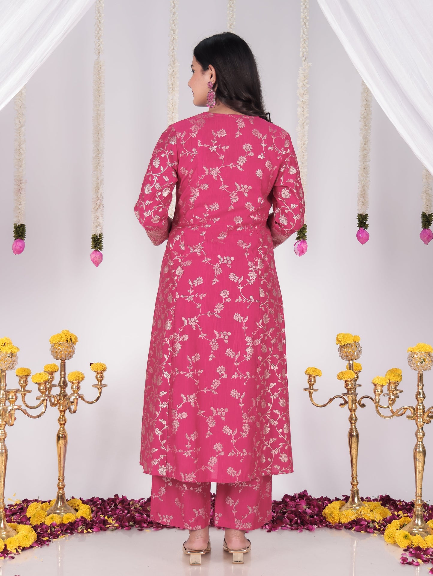 Blended Silk Floral Gathered Royal Pink Kurta