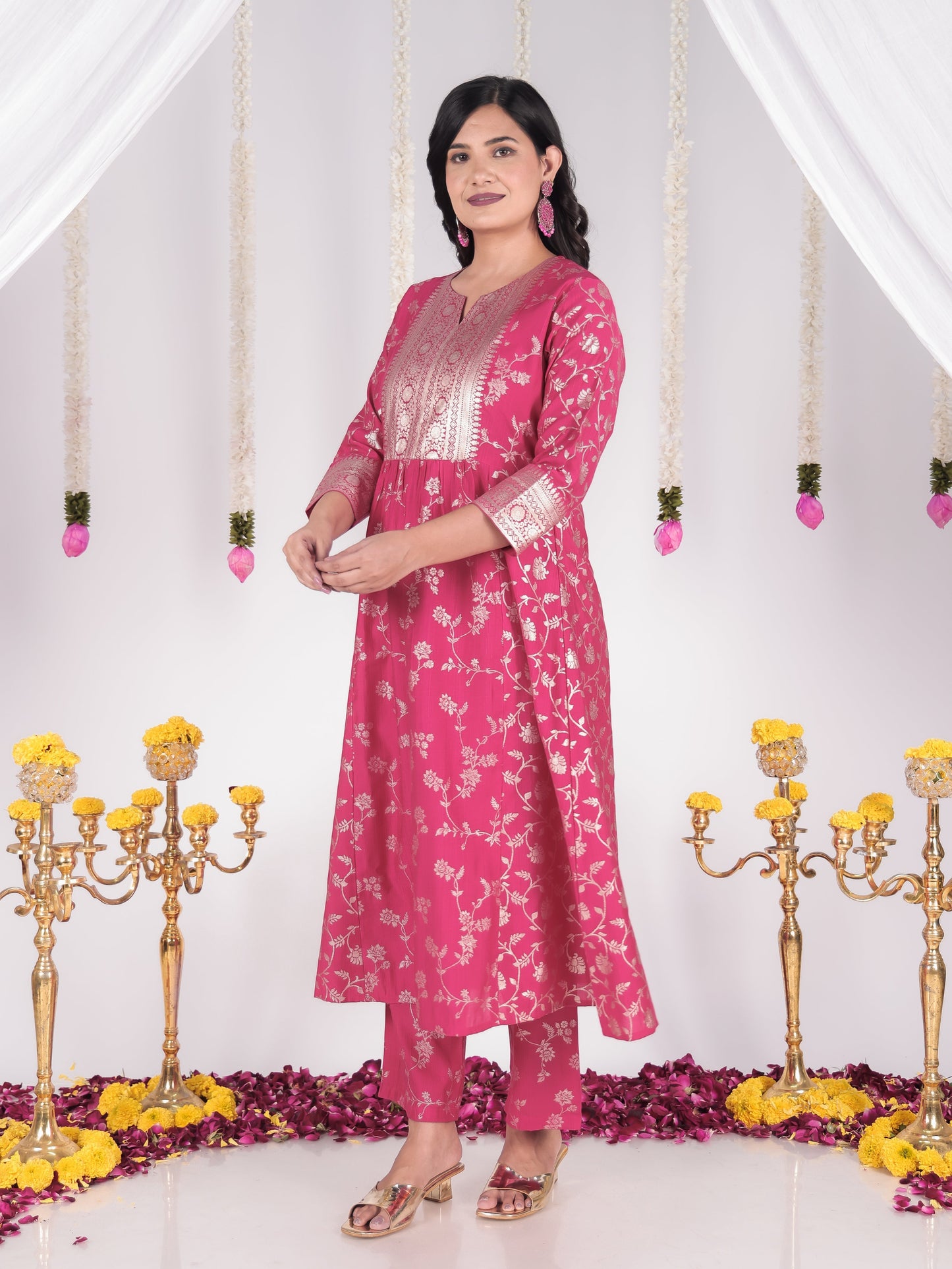 Blended Silk Floral Gathered Royal Pink Kurta
