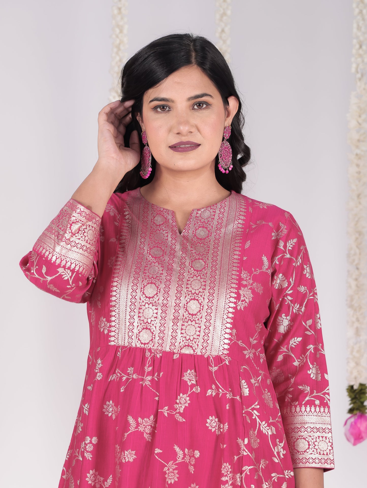 Blended Silk Floral Gathered Royal Pink Kurta