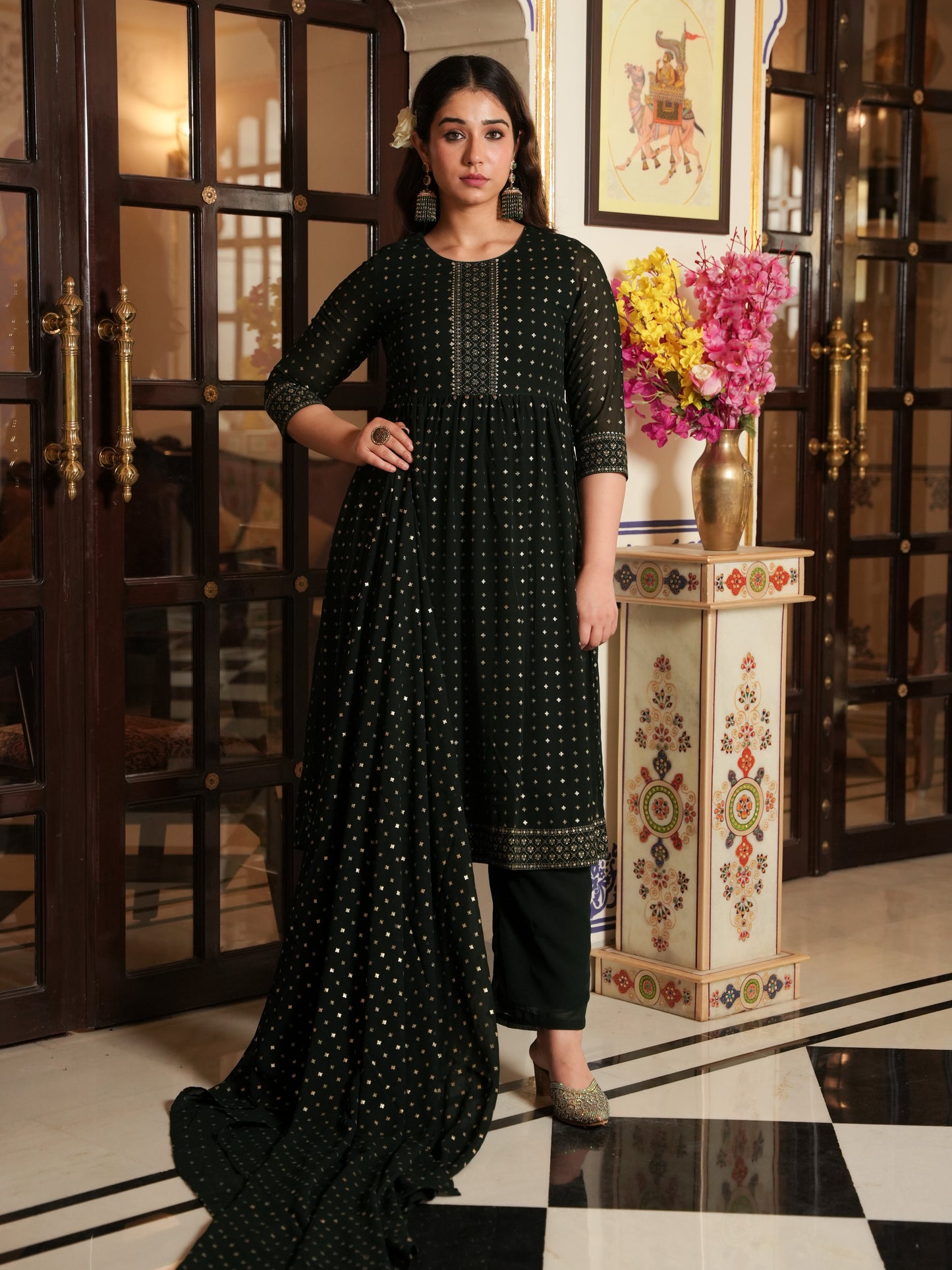 Georgette Gold foil Green Dupatta