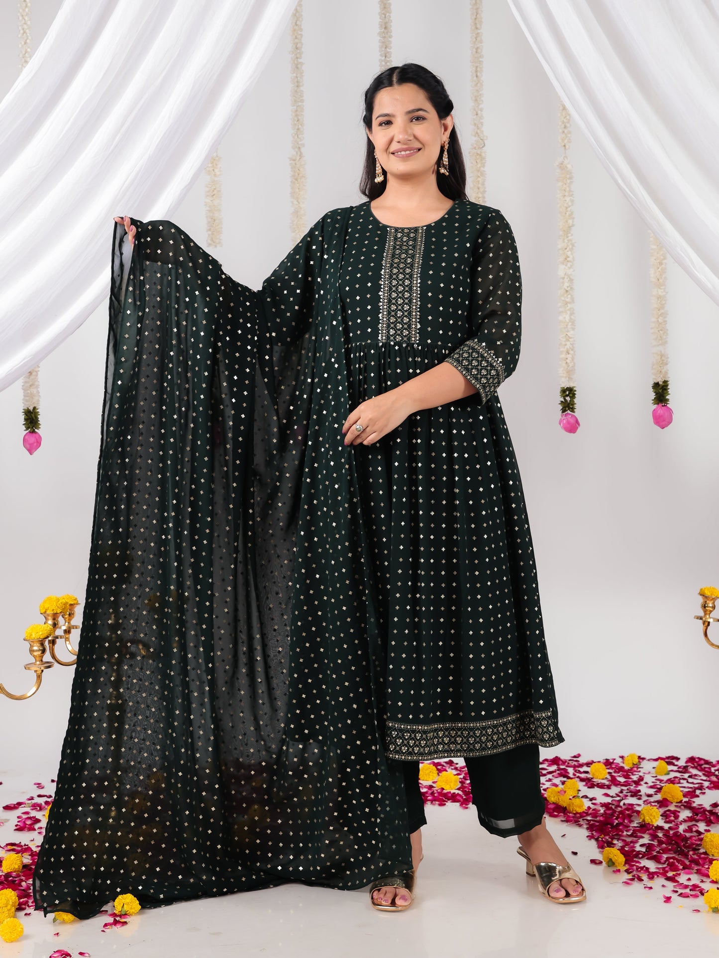 Georgette Gold foil Green Dupatta