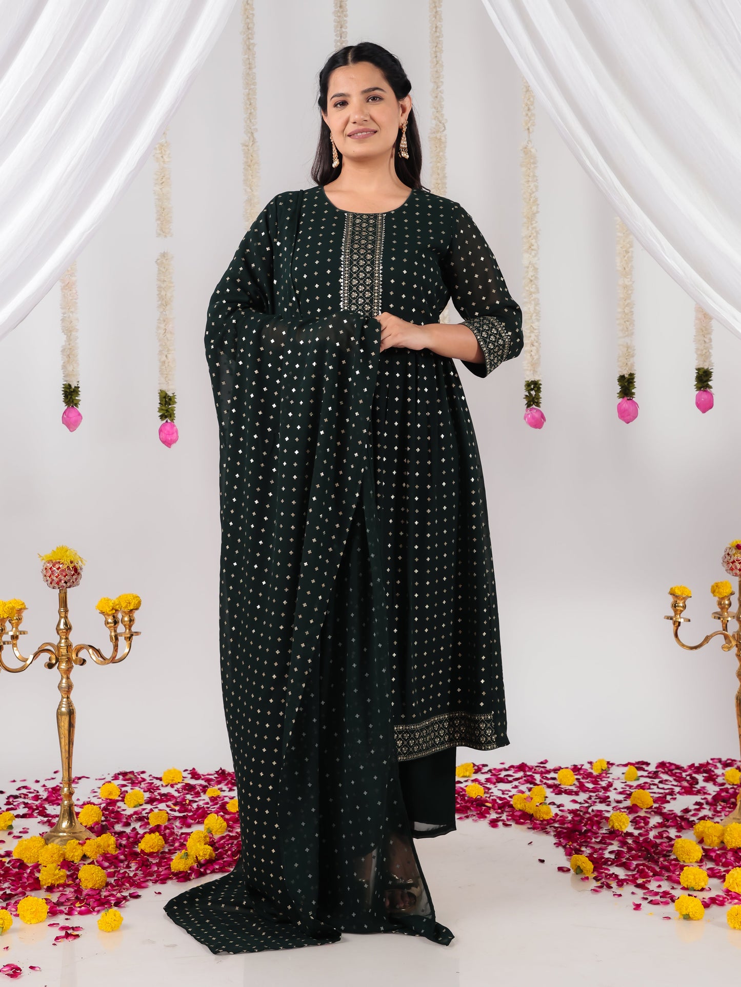 Georgette Gold foil Green Dupatta