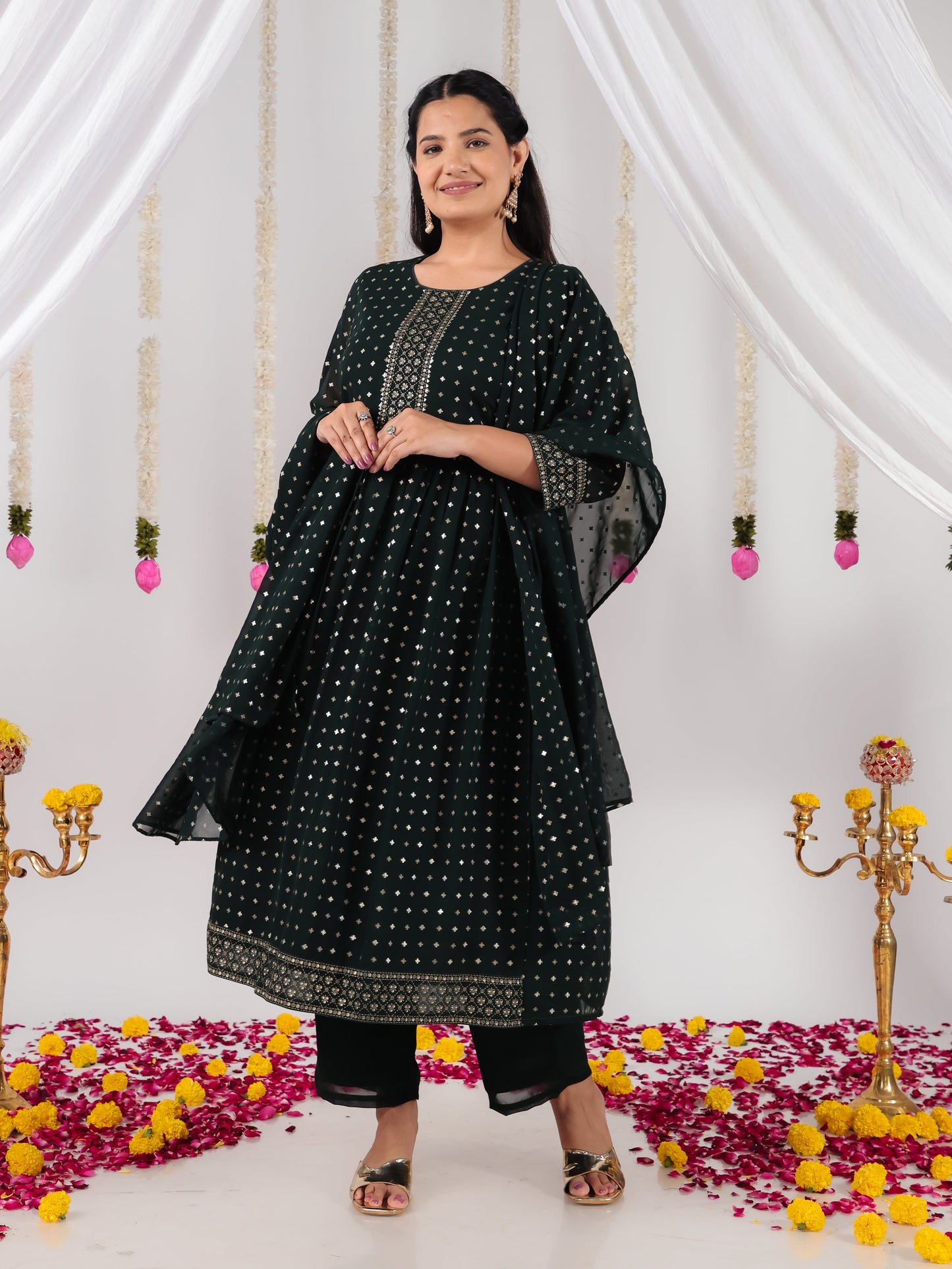 Georgette Gold foil Green Dupatta