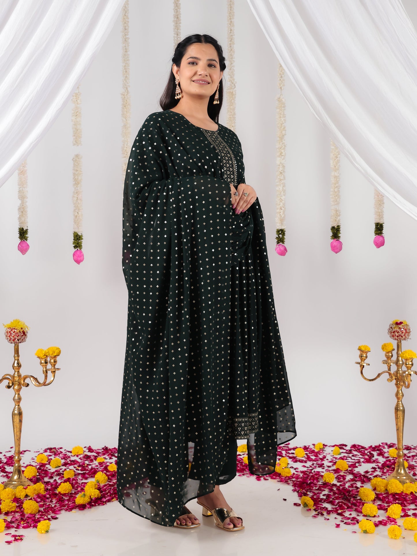 Georgette Gold foil A-line Green Kurta