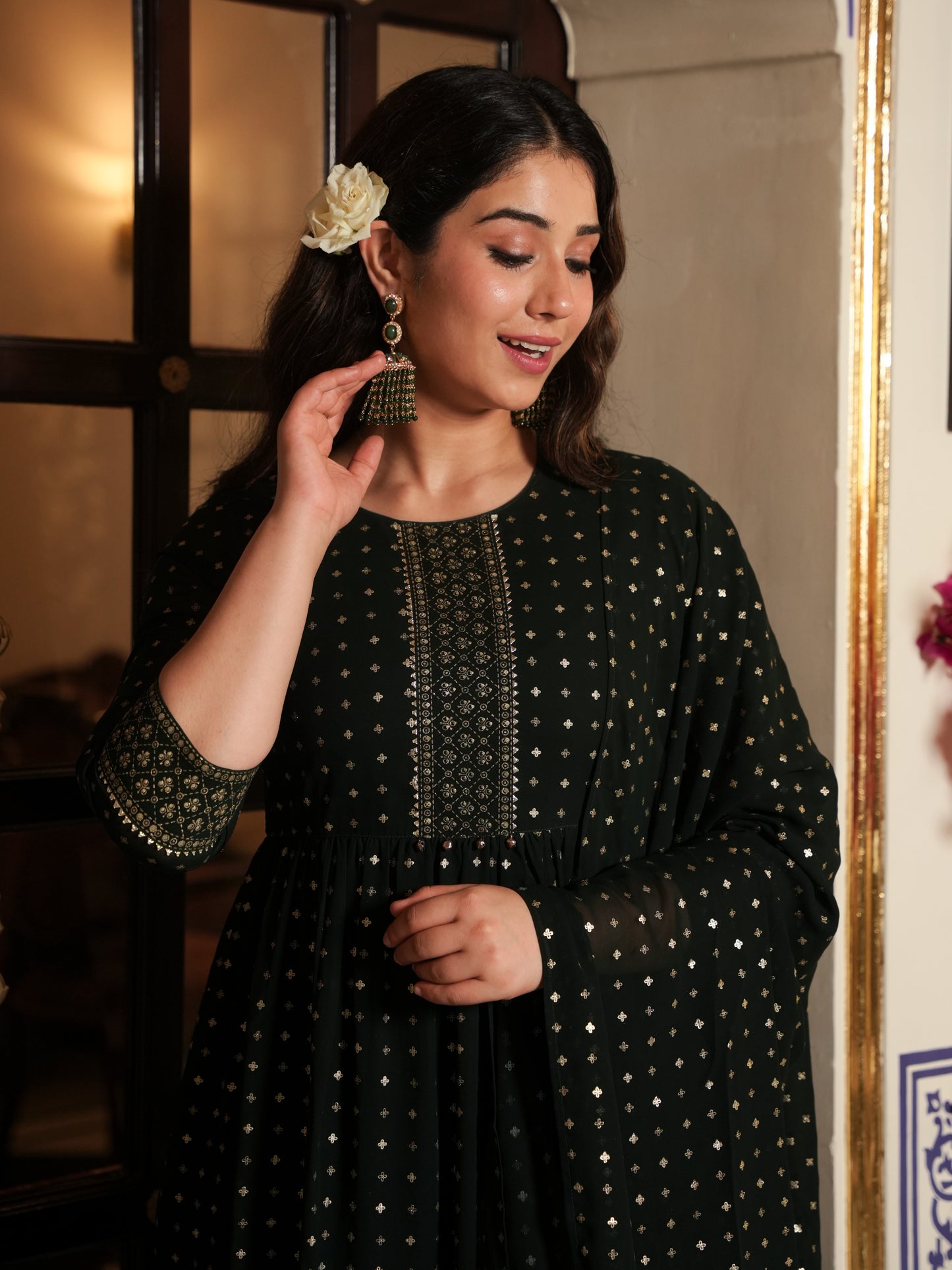Georgette Gold foil A-line Green Kurta