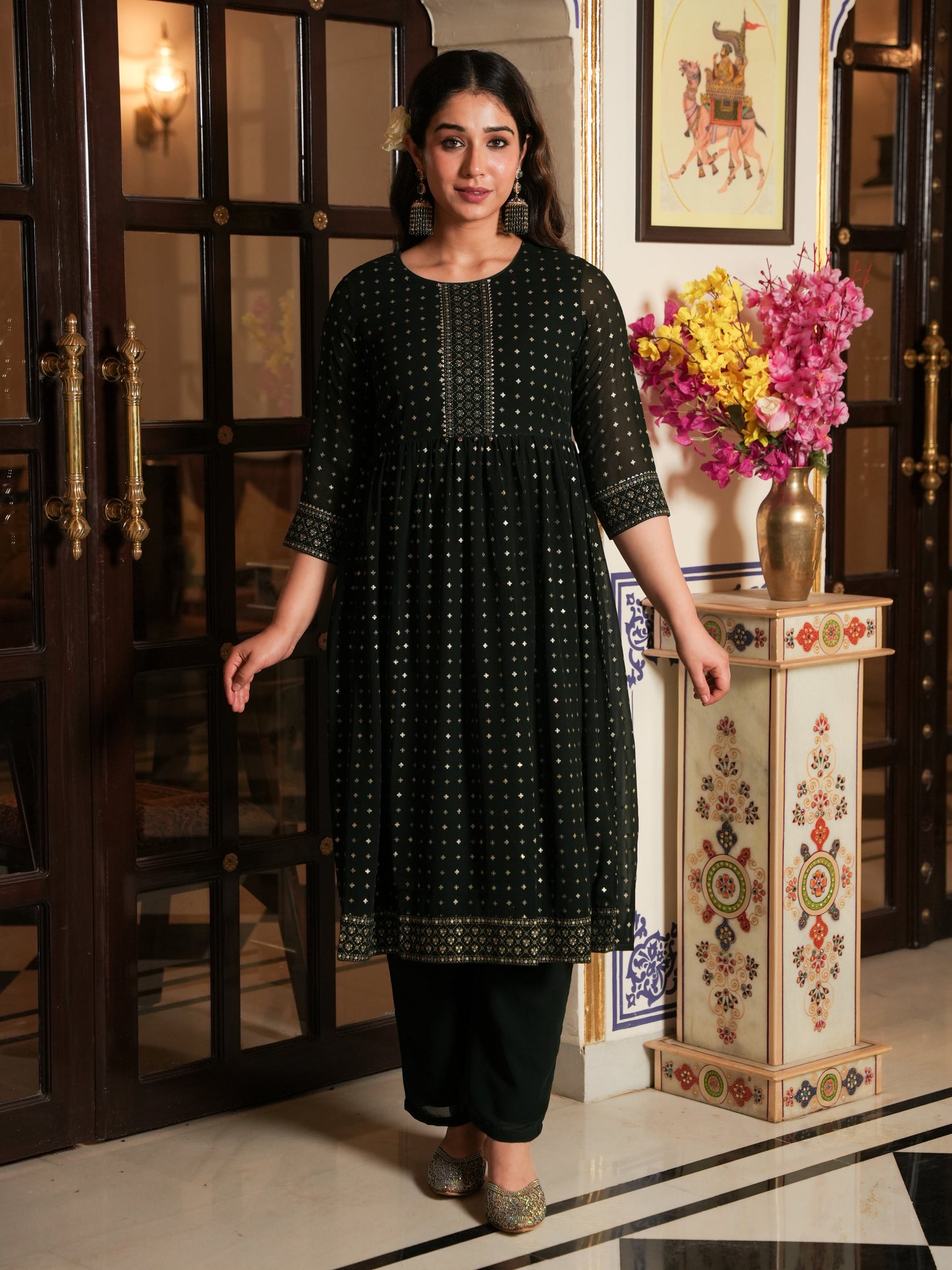 Georgette Gold foil A-line Green Kurta