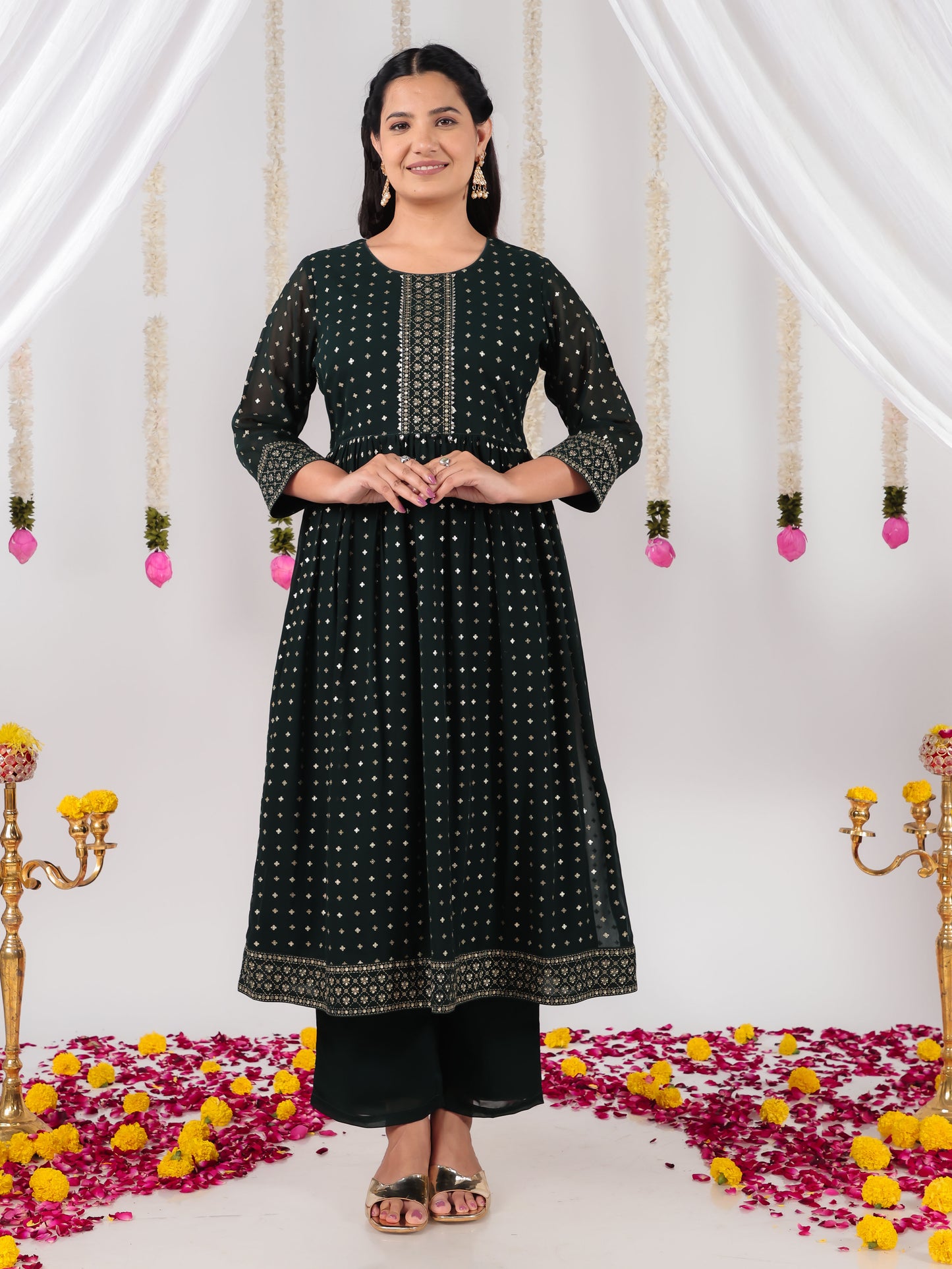 Georgette Gold foil A-line Green Kurta