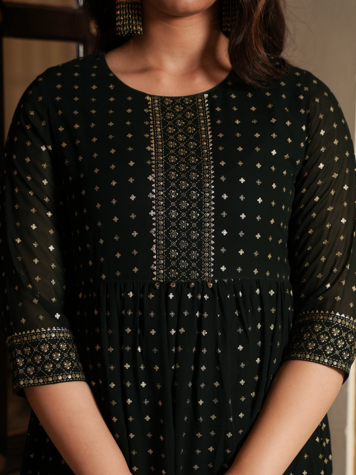 Georgette Gold foil A-line Green Kurta