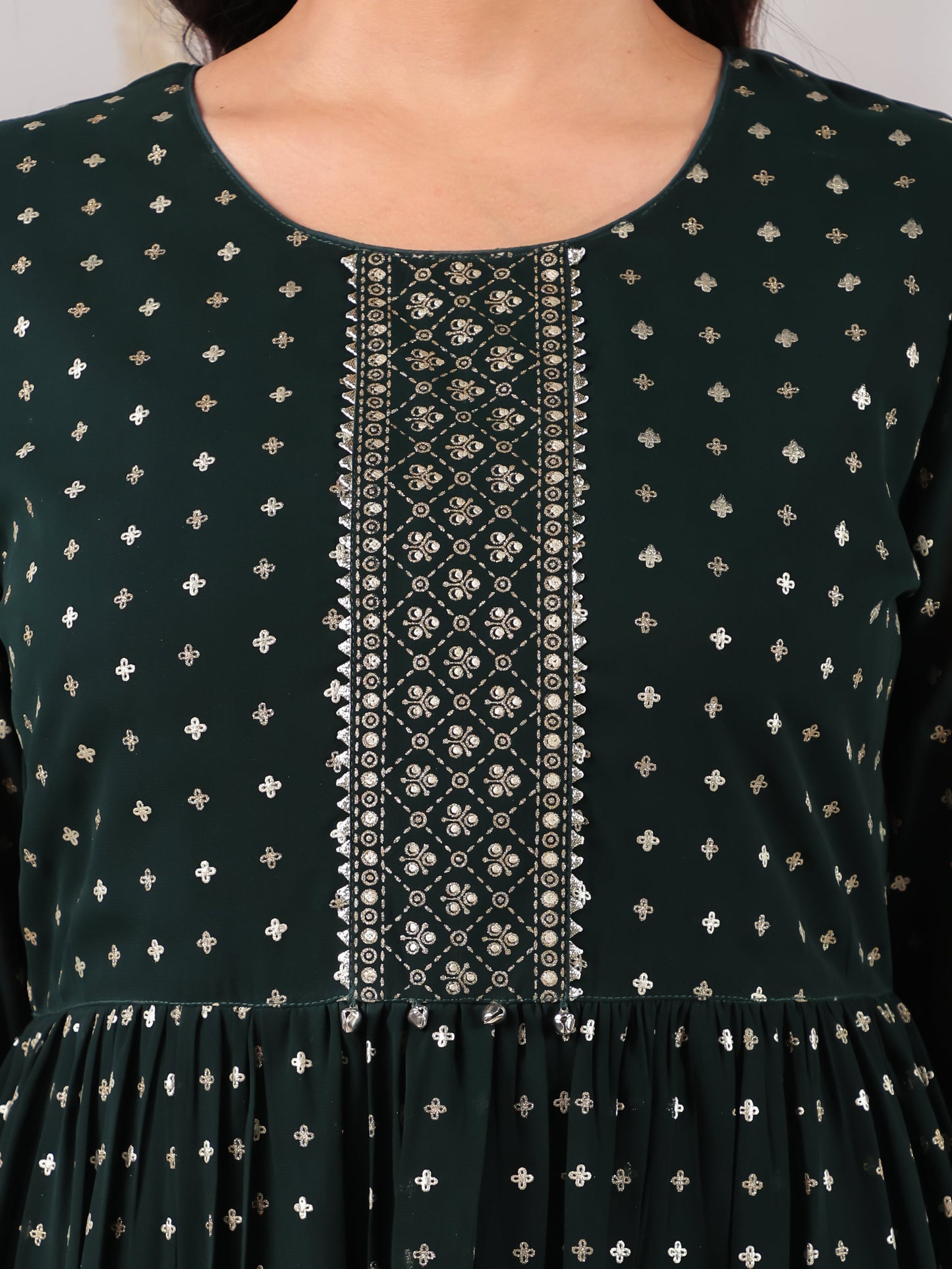 Georgette Gold foil A-line Green Kurta