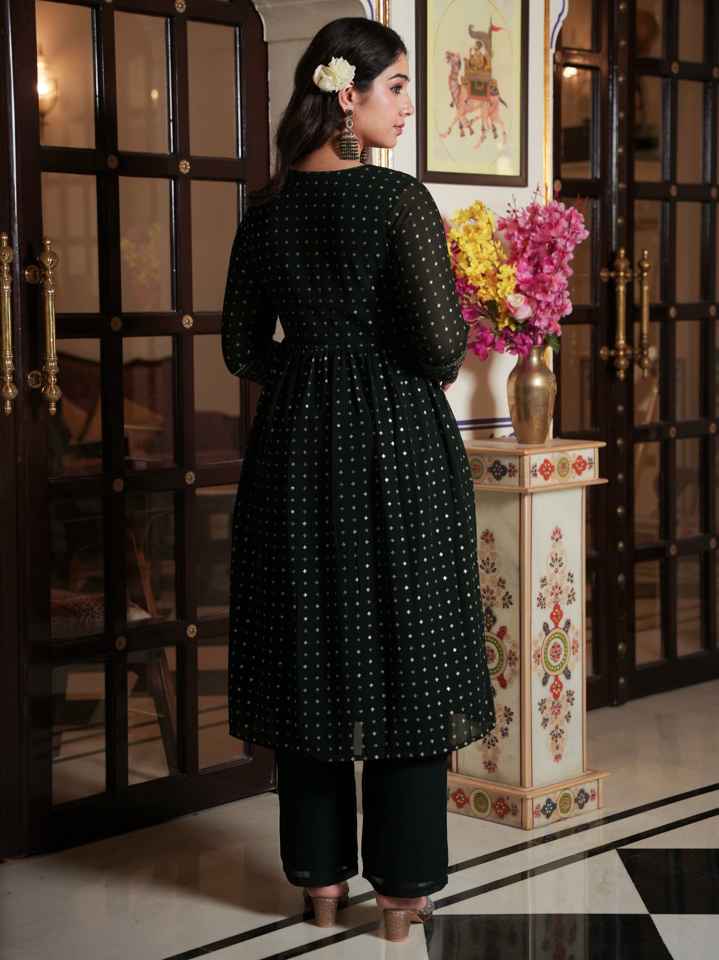 Georgette Gold foil A-line Green Kurta