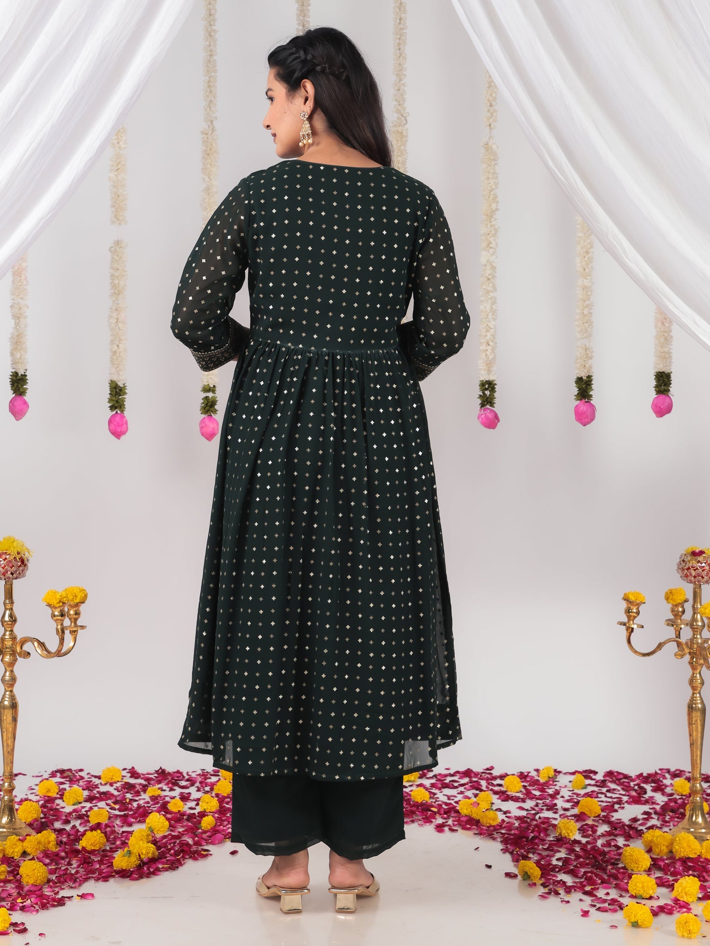 Georgette Gold foil A-line Green Kurta