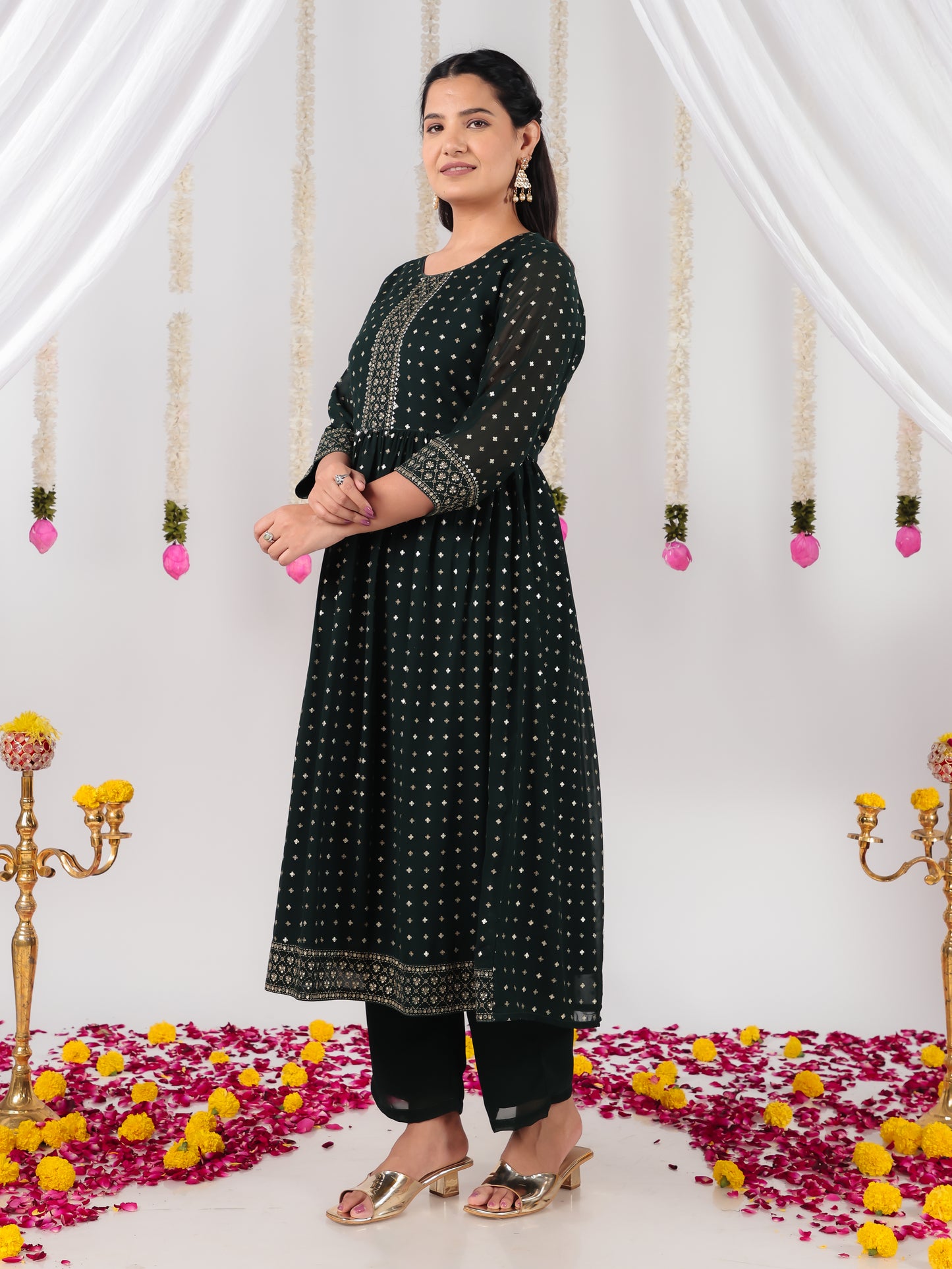 Georgette Gold foil A-line Green Kurta