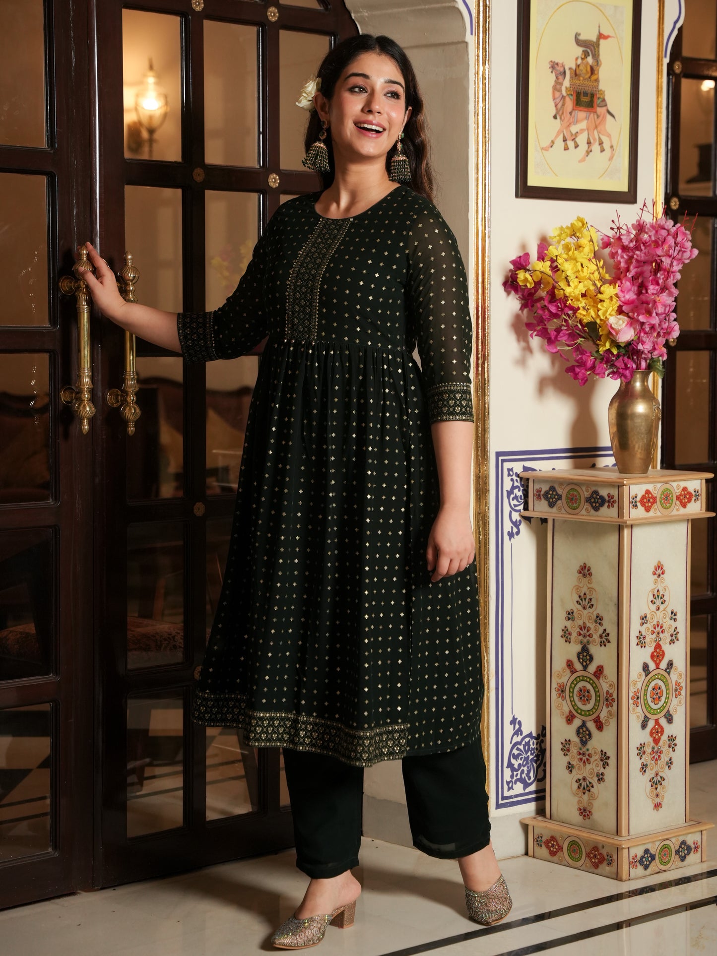 Georgette Gold foil A-line Green Kurta