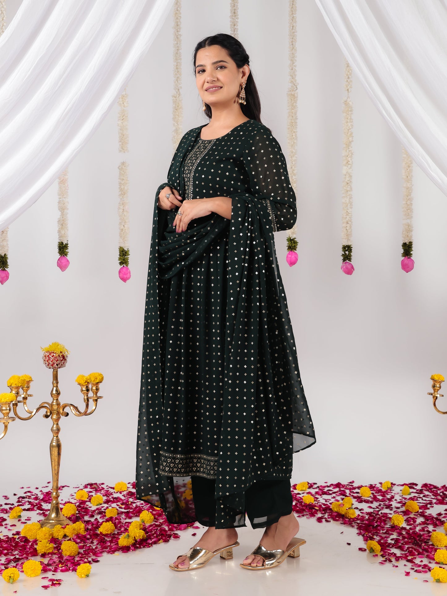Georgette Gold foil A-line Green Kurta