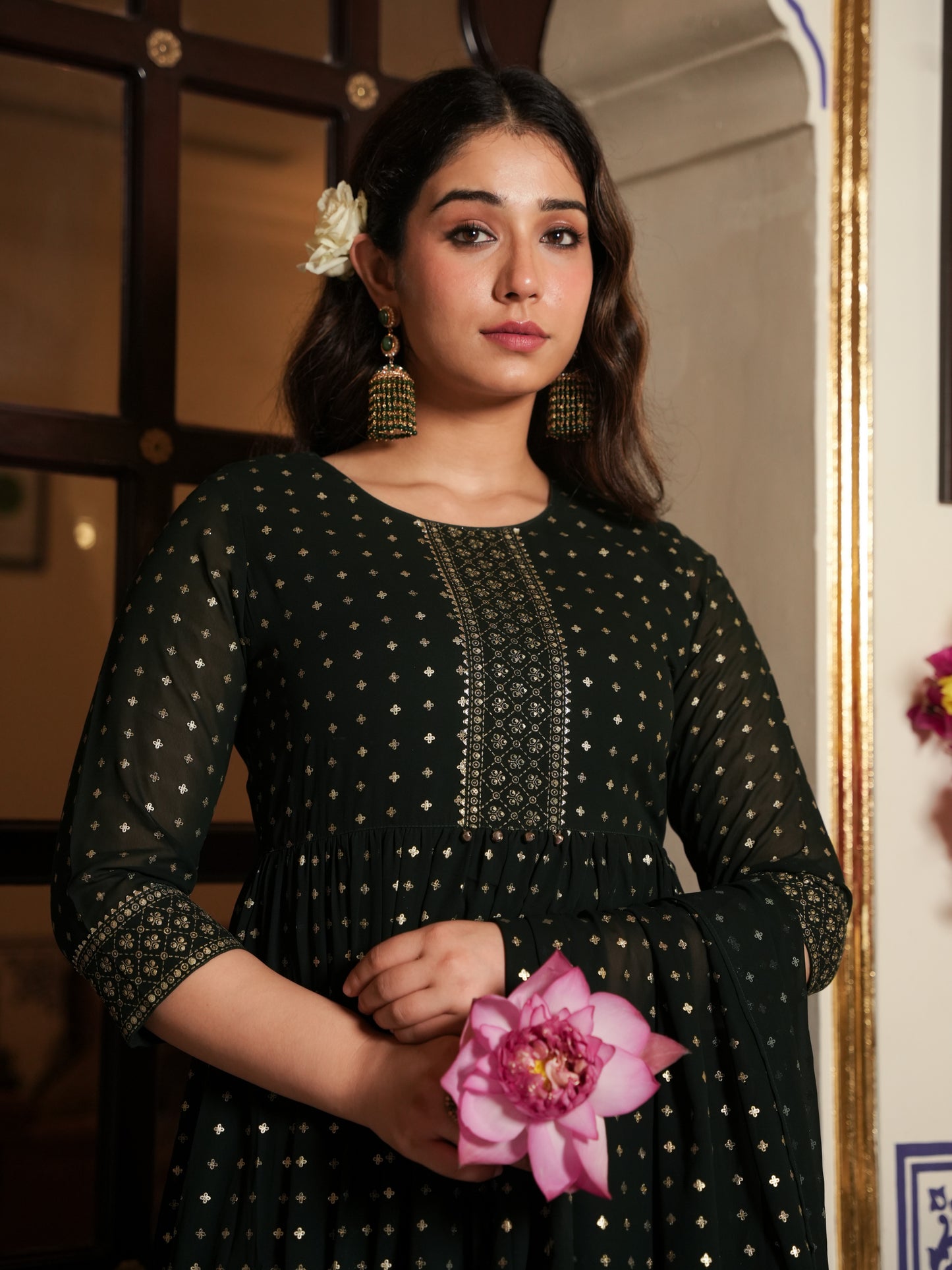 Georgette Gold foil A-line Green Kurta