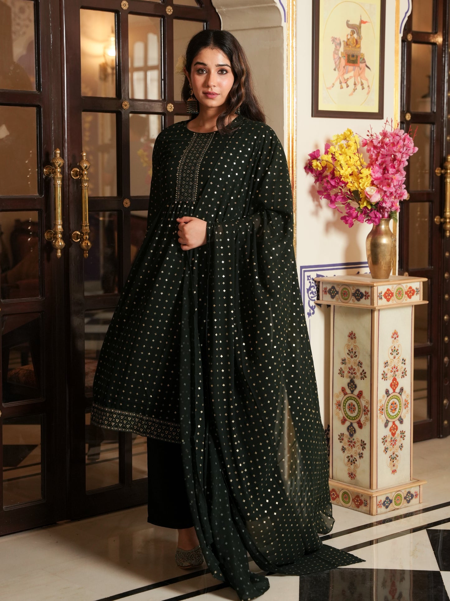 Georgette Gold foil A-line Green Kurta