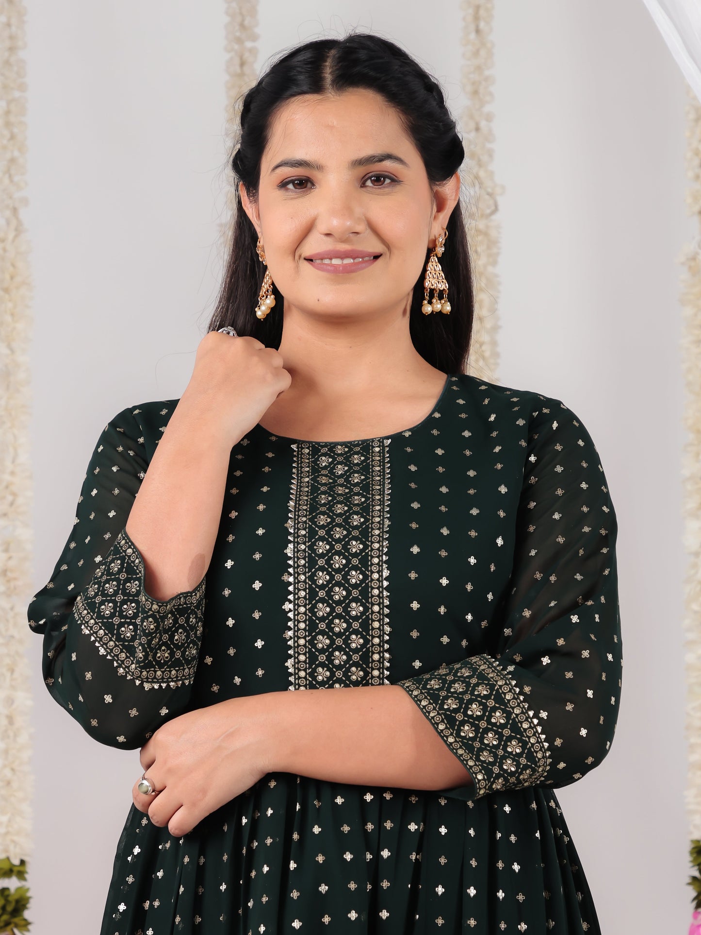 Georgette Gold foil A-line Green Kurta