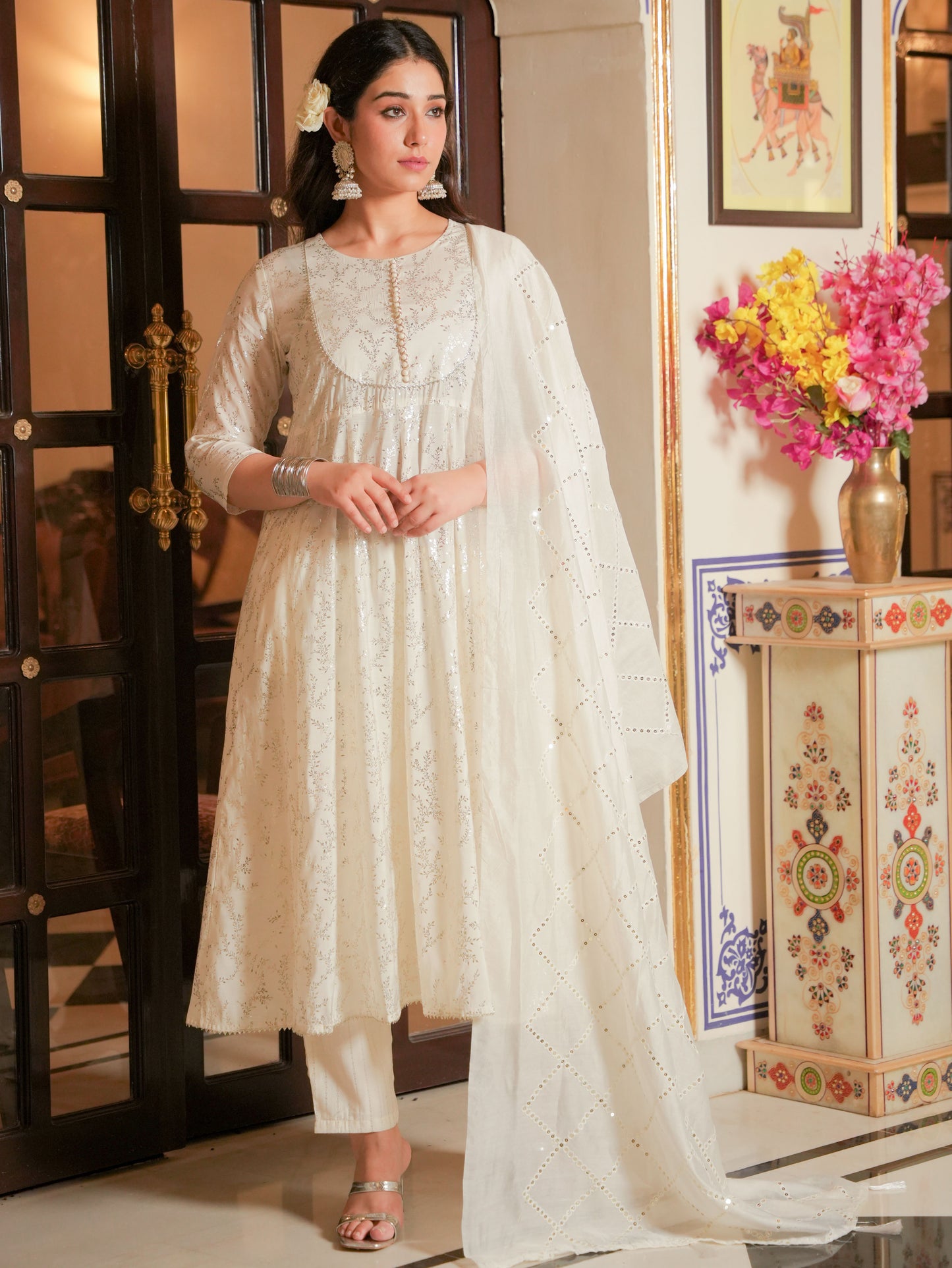 Chanderi Gold foil Anarkali Off White Kurta