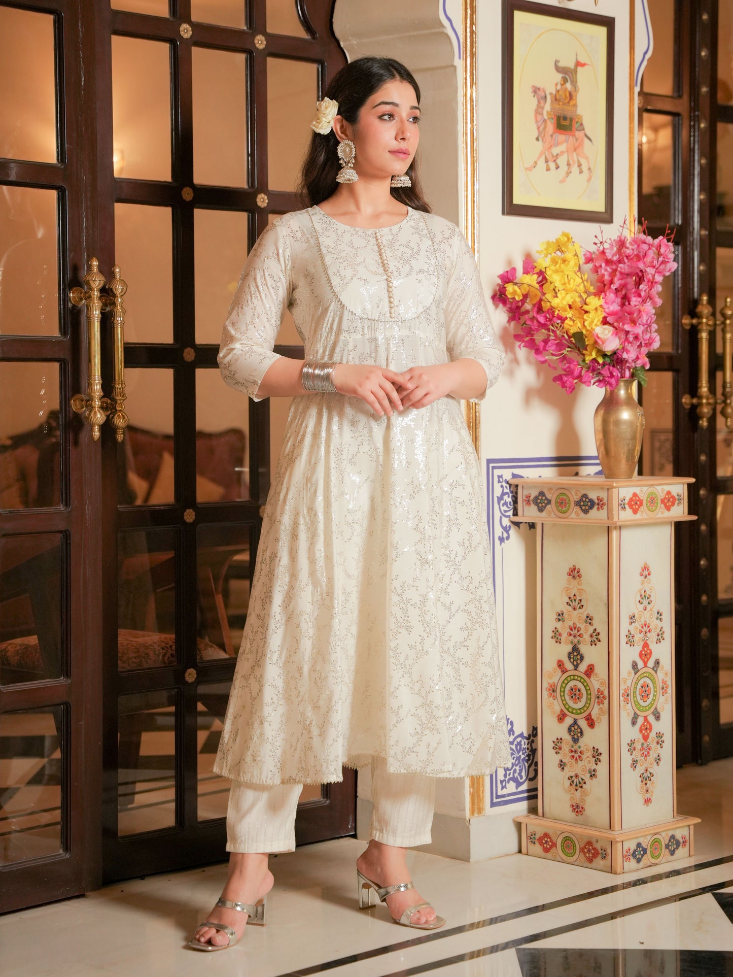 Chanderi Gold foil Anarkali Off White Kurta