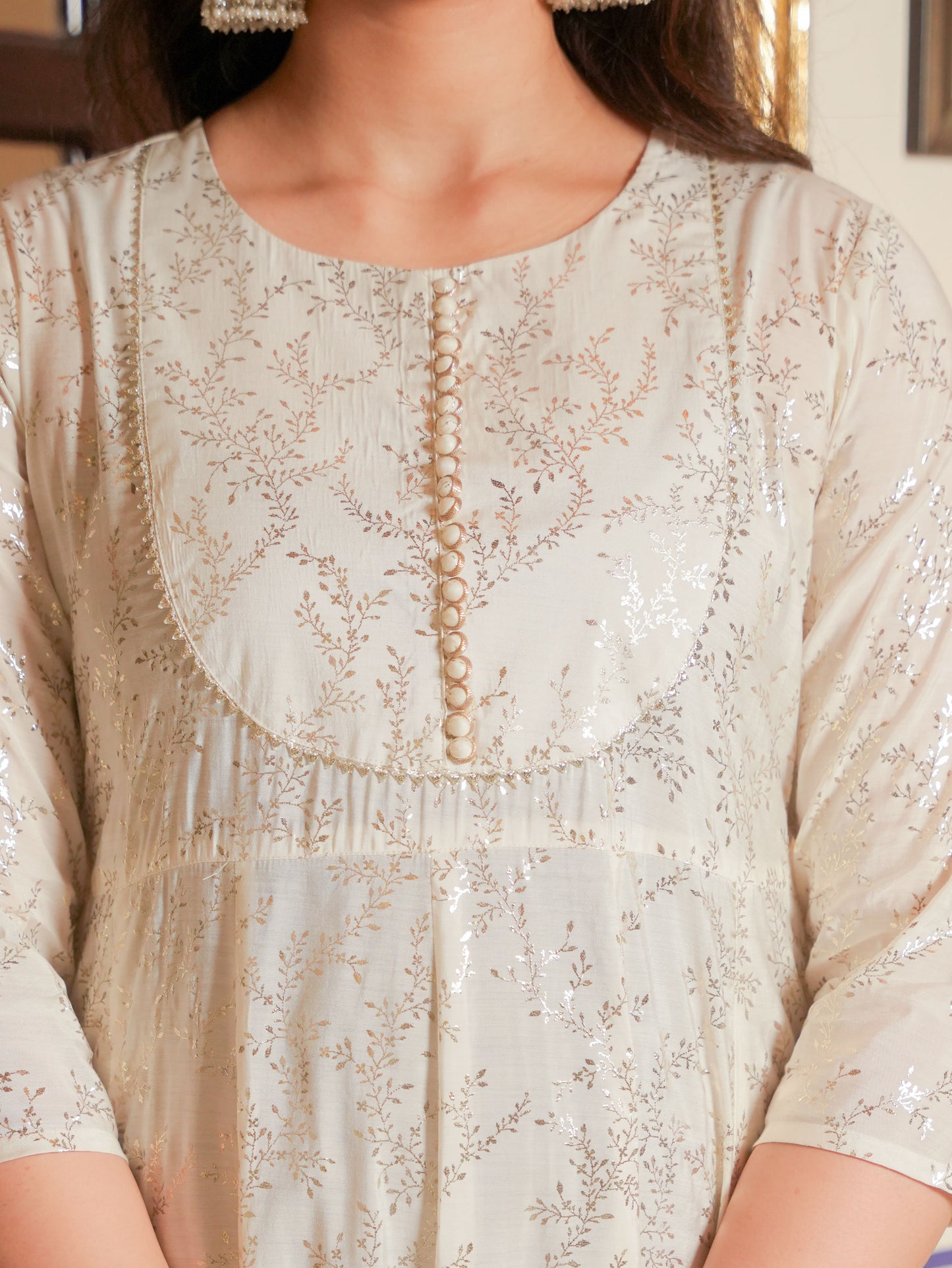 Chanderi Gold foil Anarkali Off White Kurta