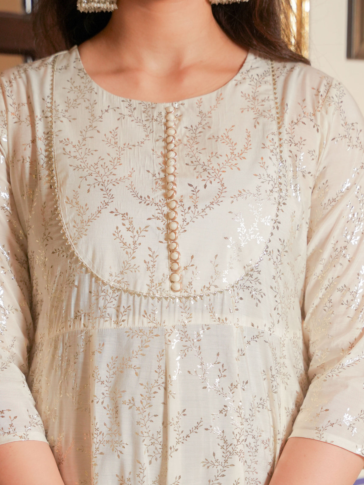 Chanderi Gold foil Anarkali Off White Kurta