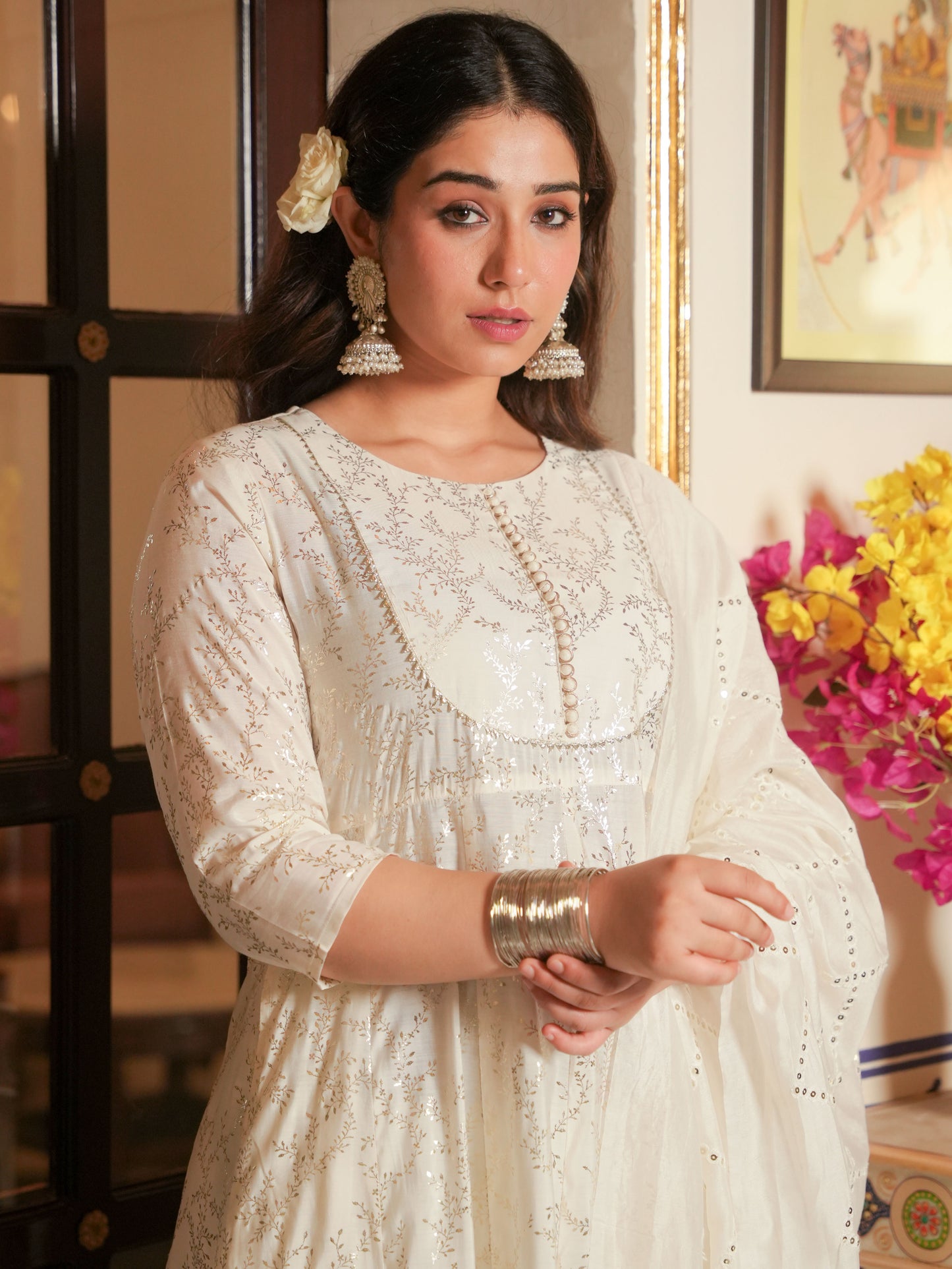 Chanderi Gold foil Anarkali Off White Kurta