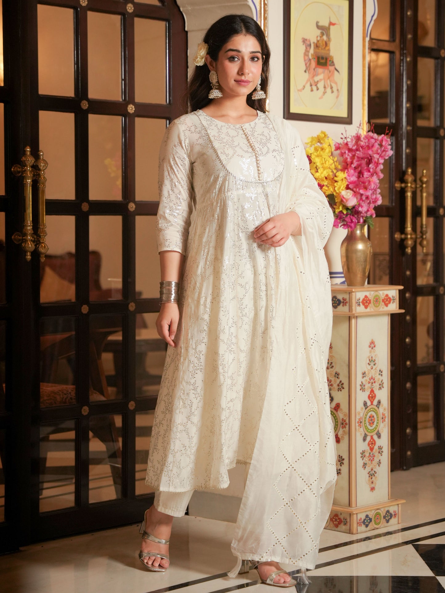 Chanderi Gold foil Anarkali Off White Kurta