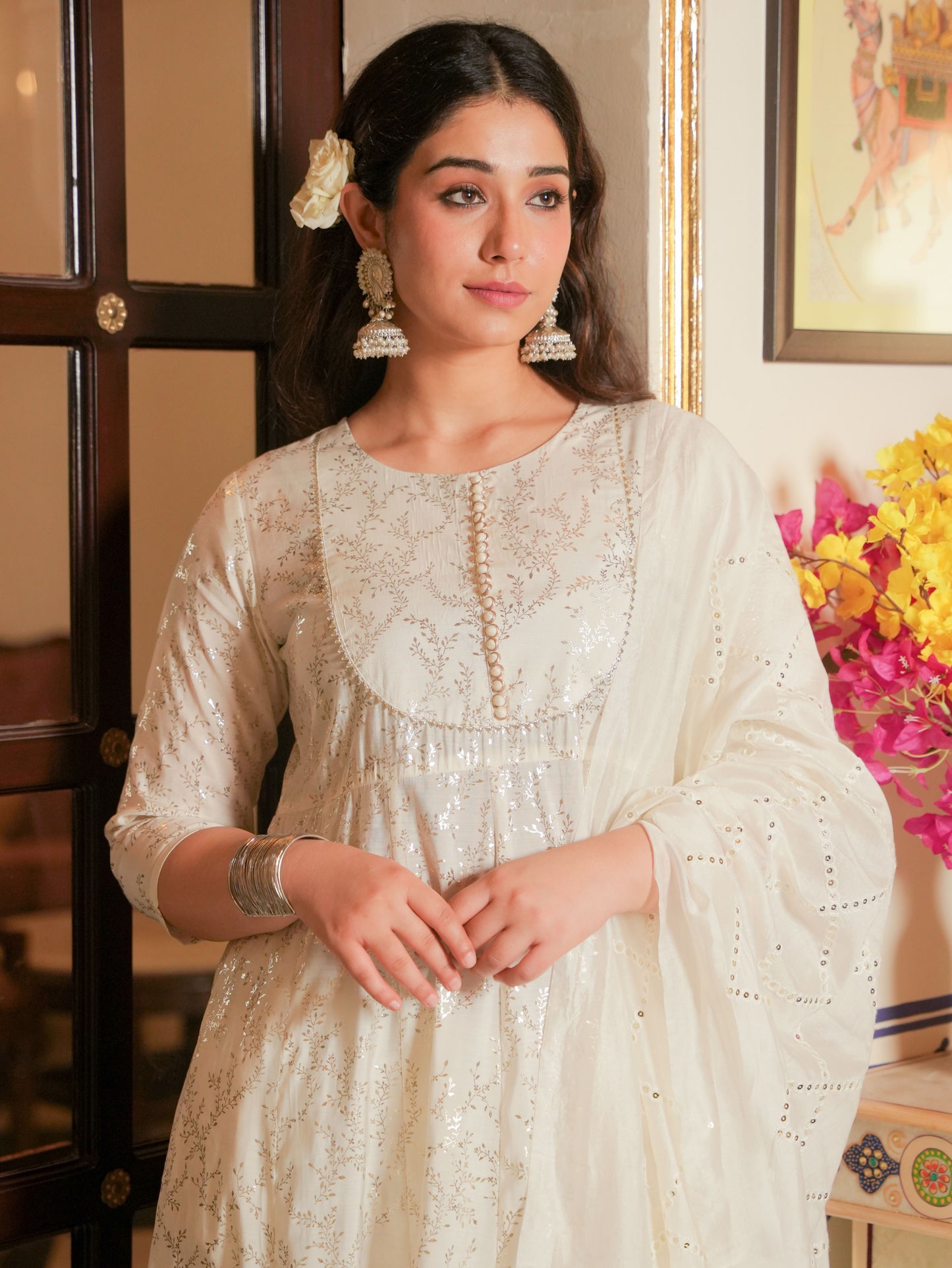 Chanderi Gold foil Anarkali Off White Kurta