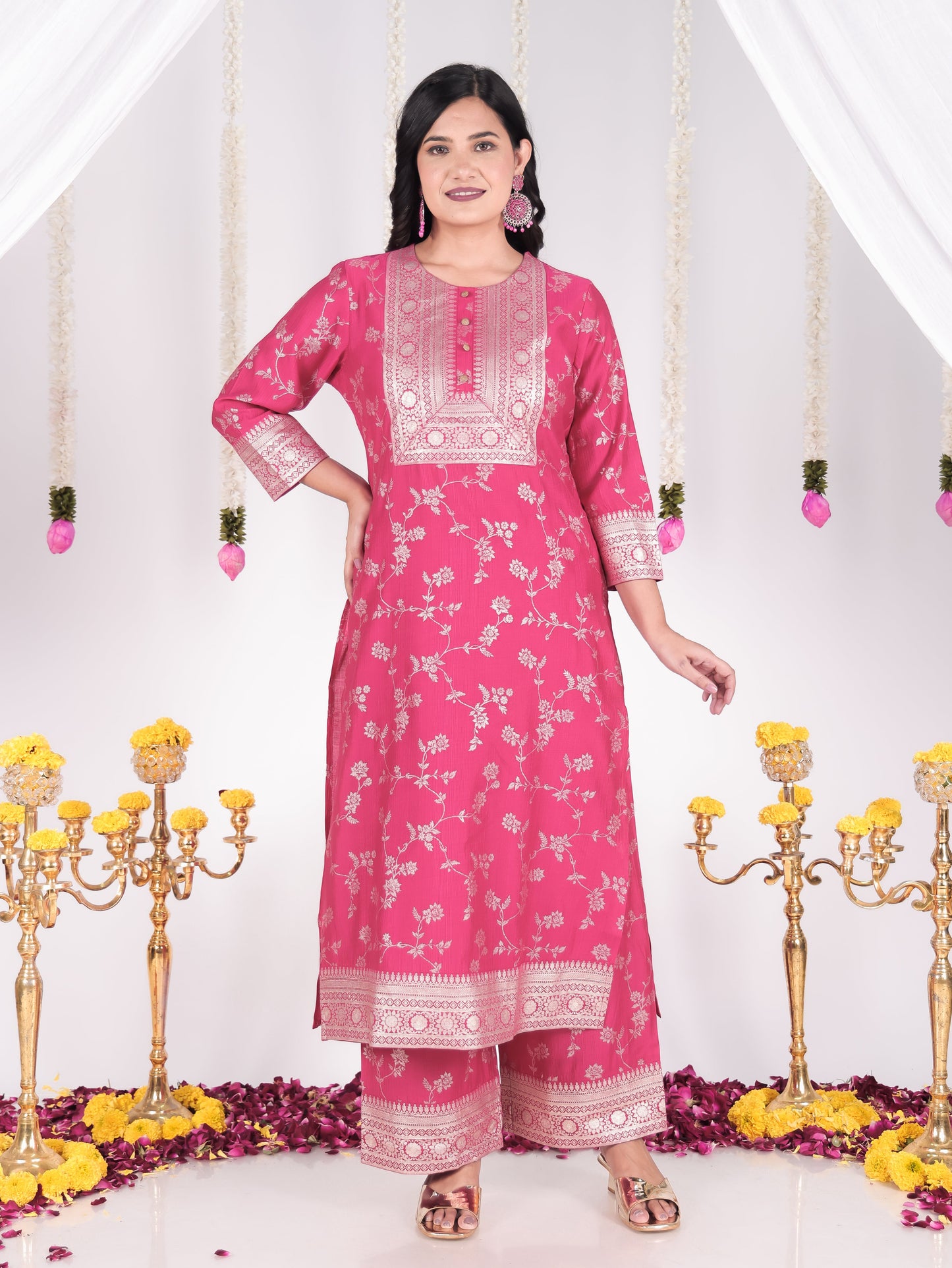 Vertigan Floral Straight Royal Pink Kurta