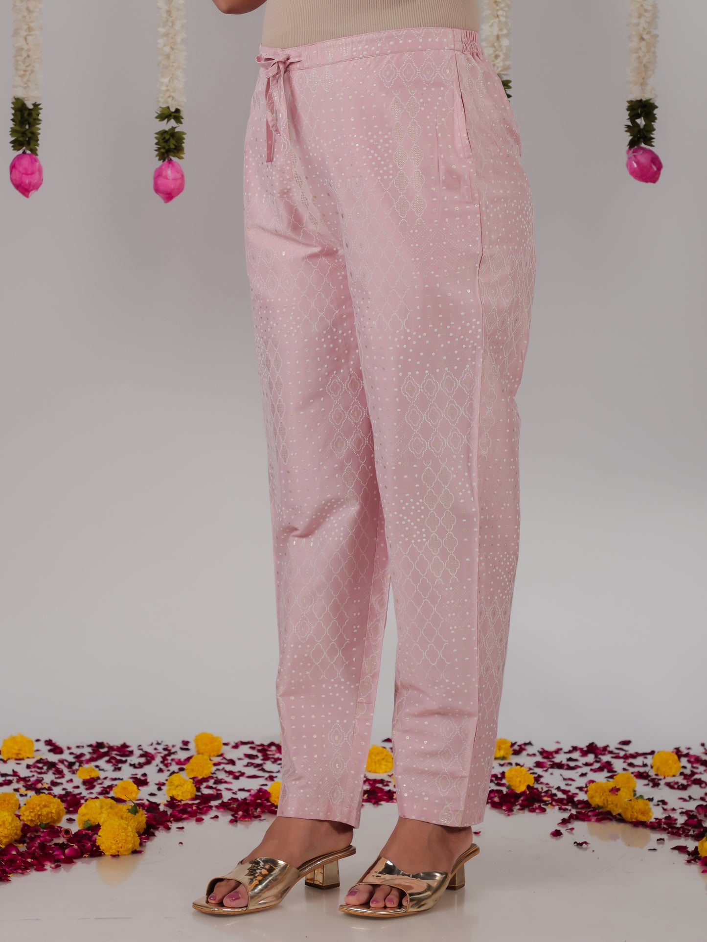 Chanderi Gold foil Baby Pink Tapered Trousers