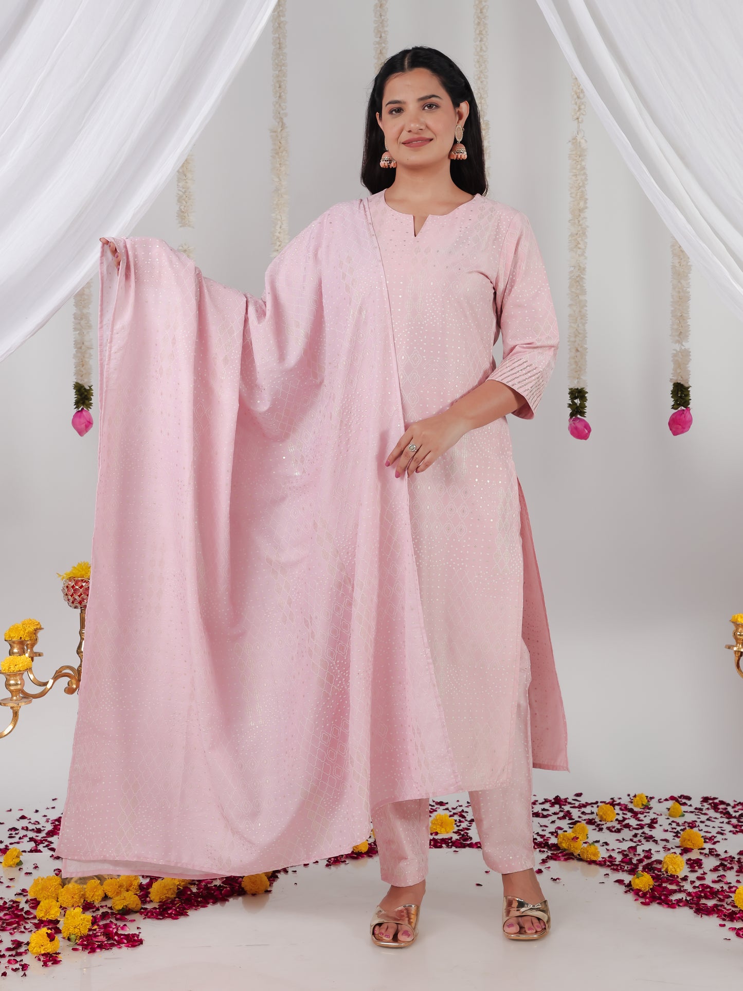 Chanderi Gold foil Baby Pink Dupatta