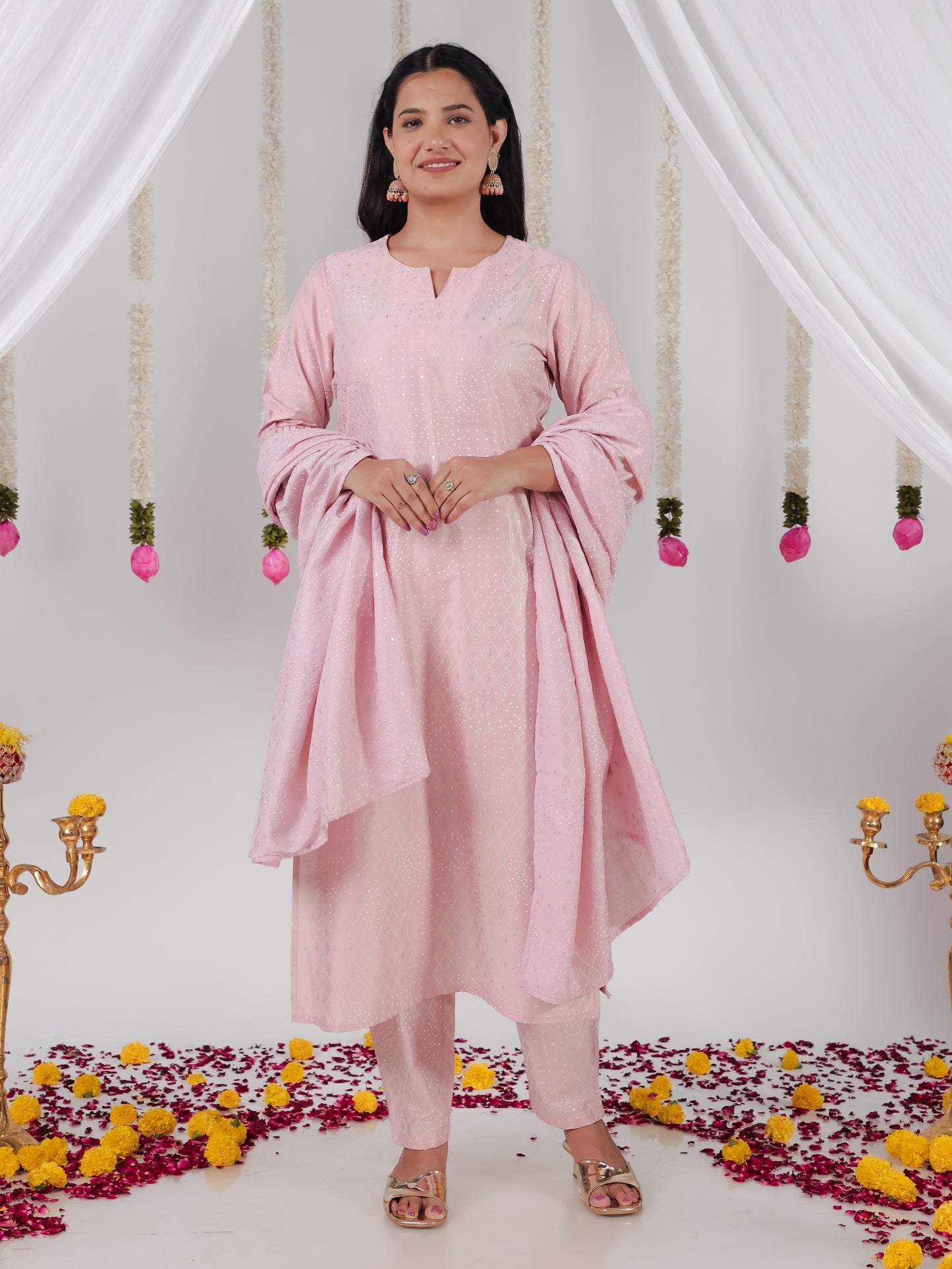 Chanderi Gold foil Baby Pink Dupatta