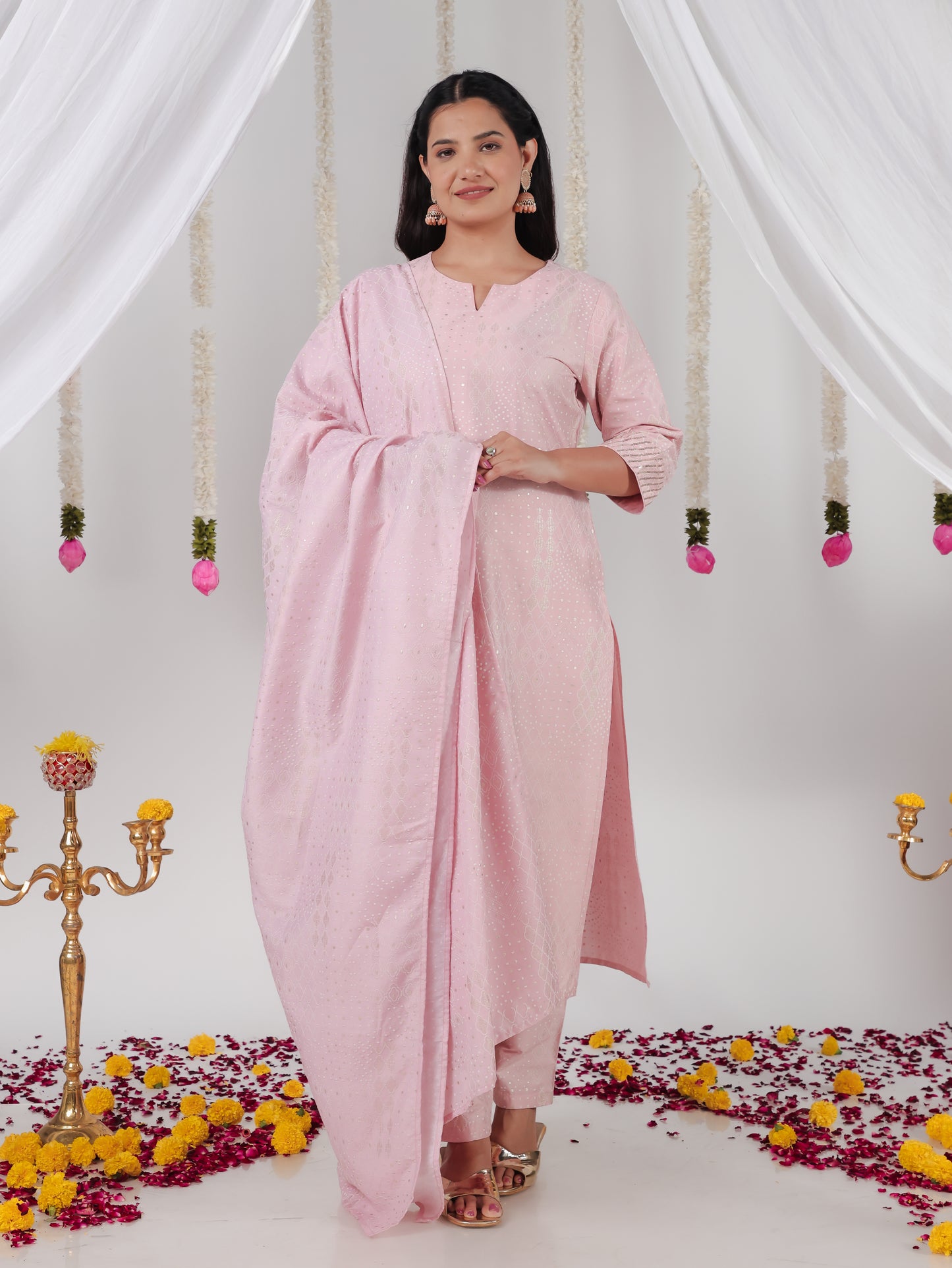 Chanderi Gold foil Baby Pink Dupatta