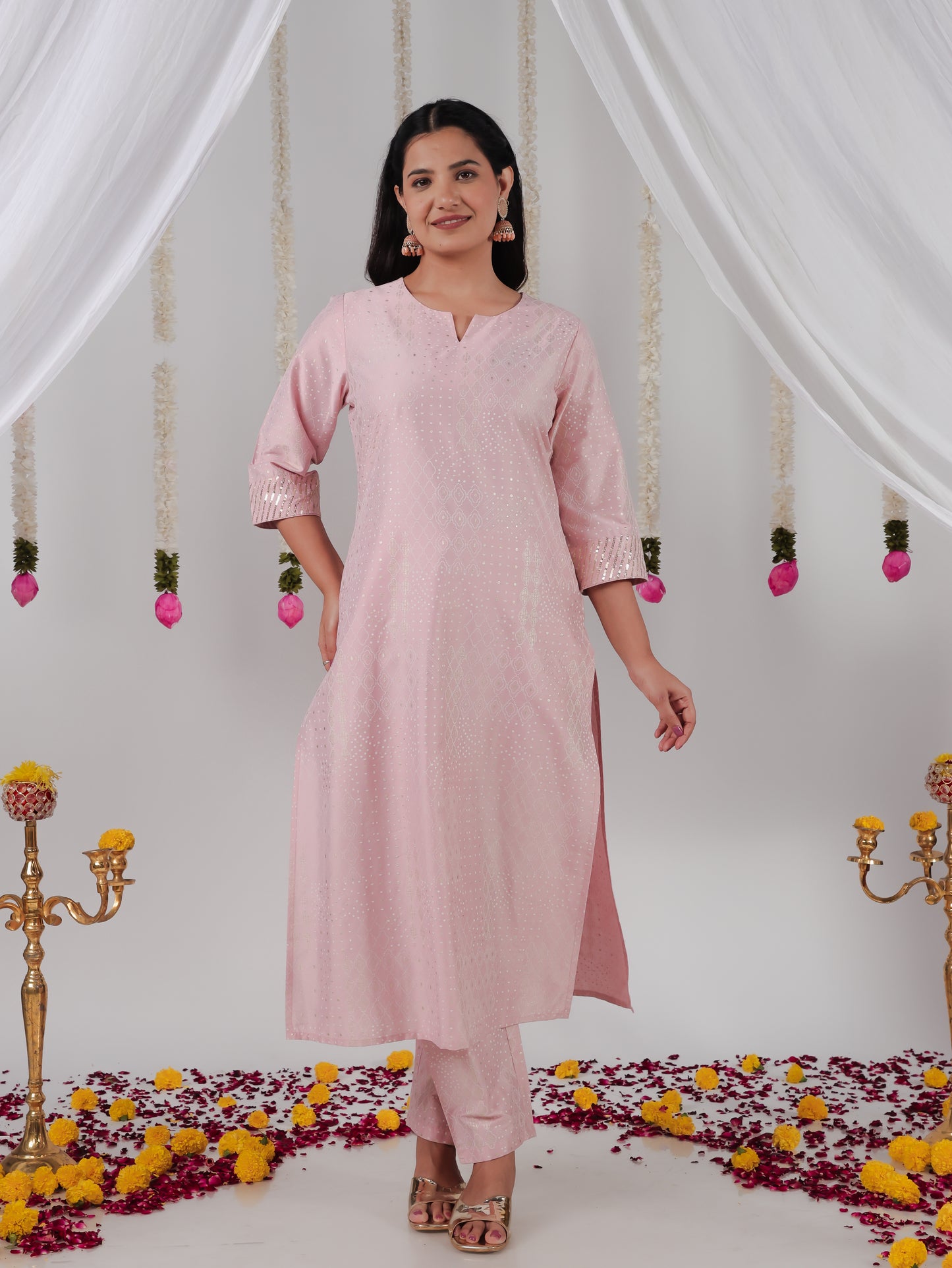 Chanderi Gold foil Straight Baby Pink Kurta