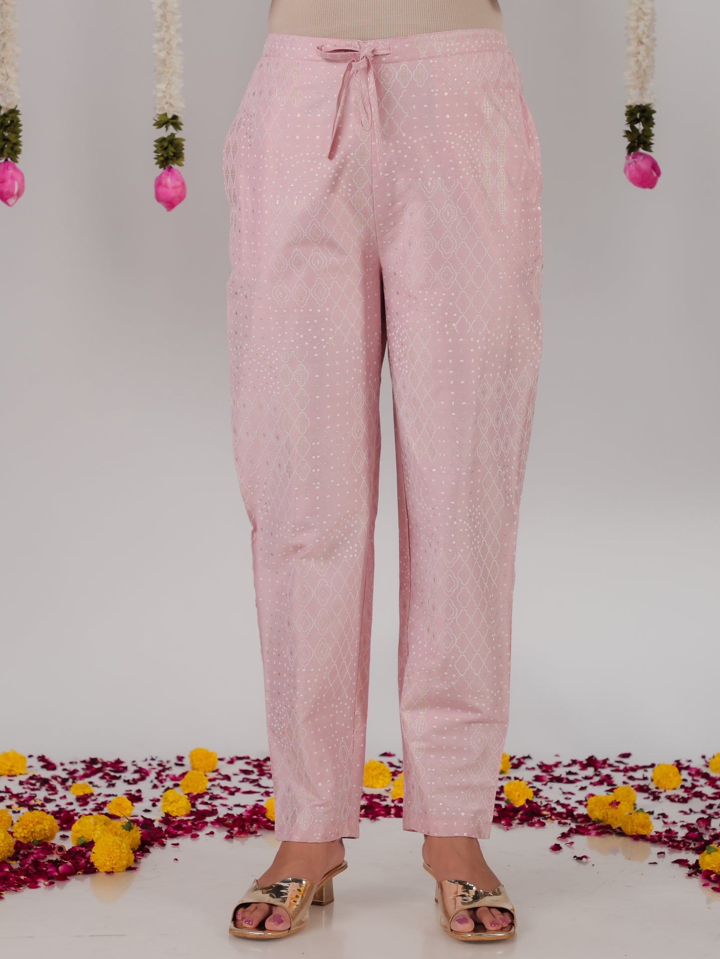 Chanderi Gold foil Straight Baby Pink Kurta